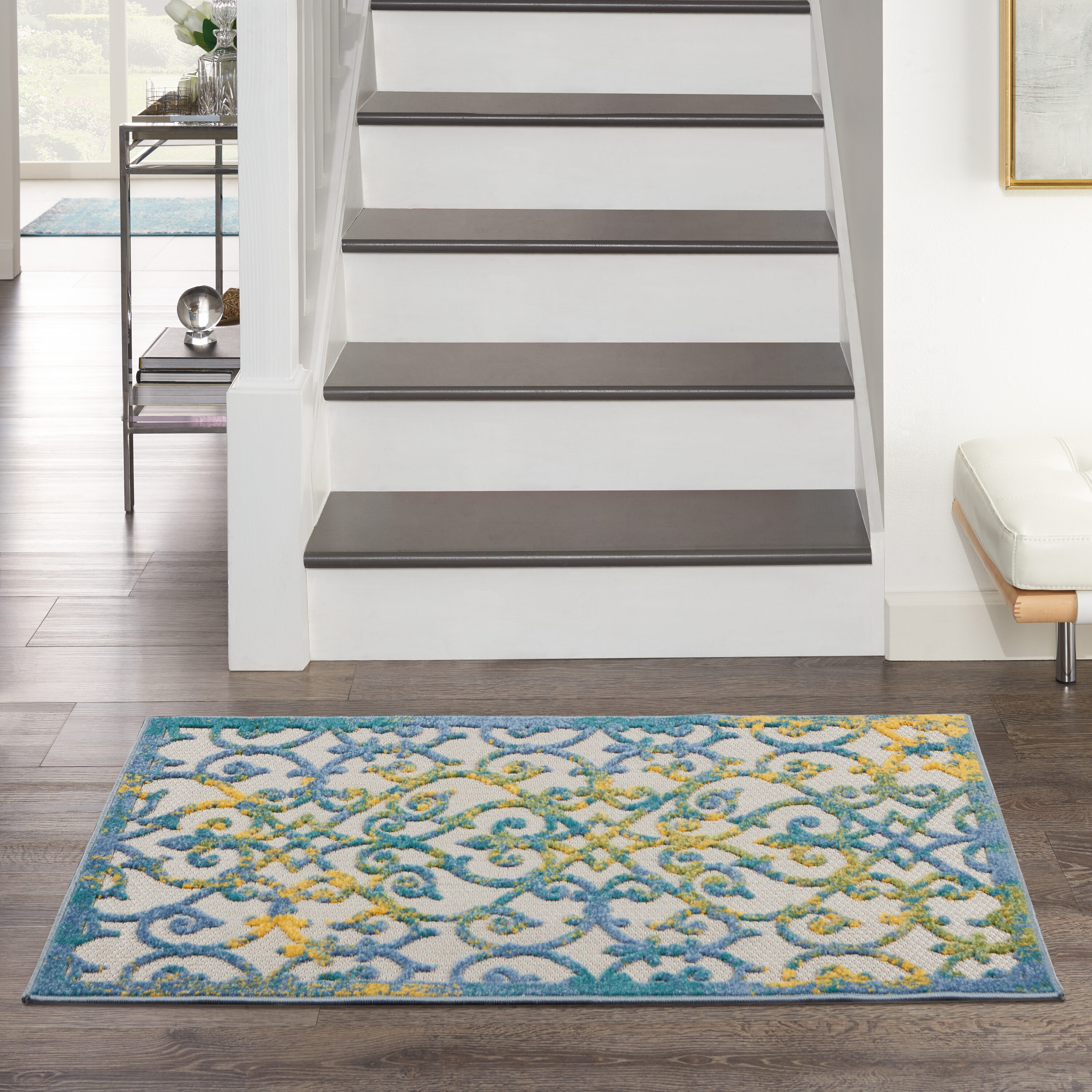 Nourison 099446828132 Aloha 3 x 4 (ft) Loomed Polypropylene Ivory Blue Rectangular Indoor/Outdoor Floral/Botanical Tropical Area rug