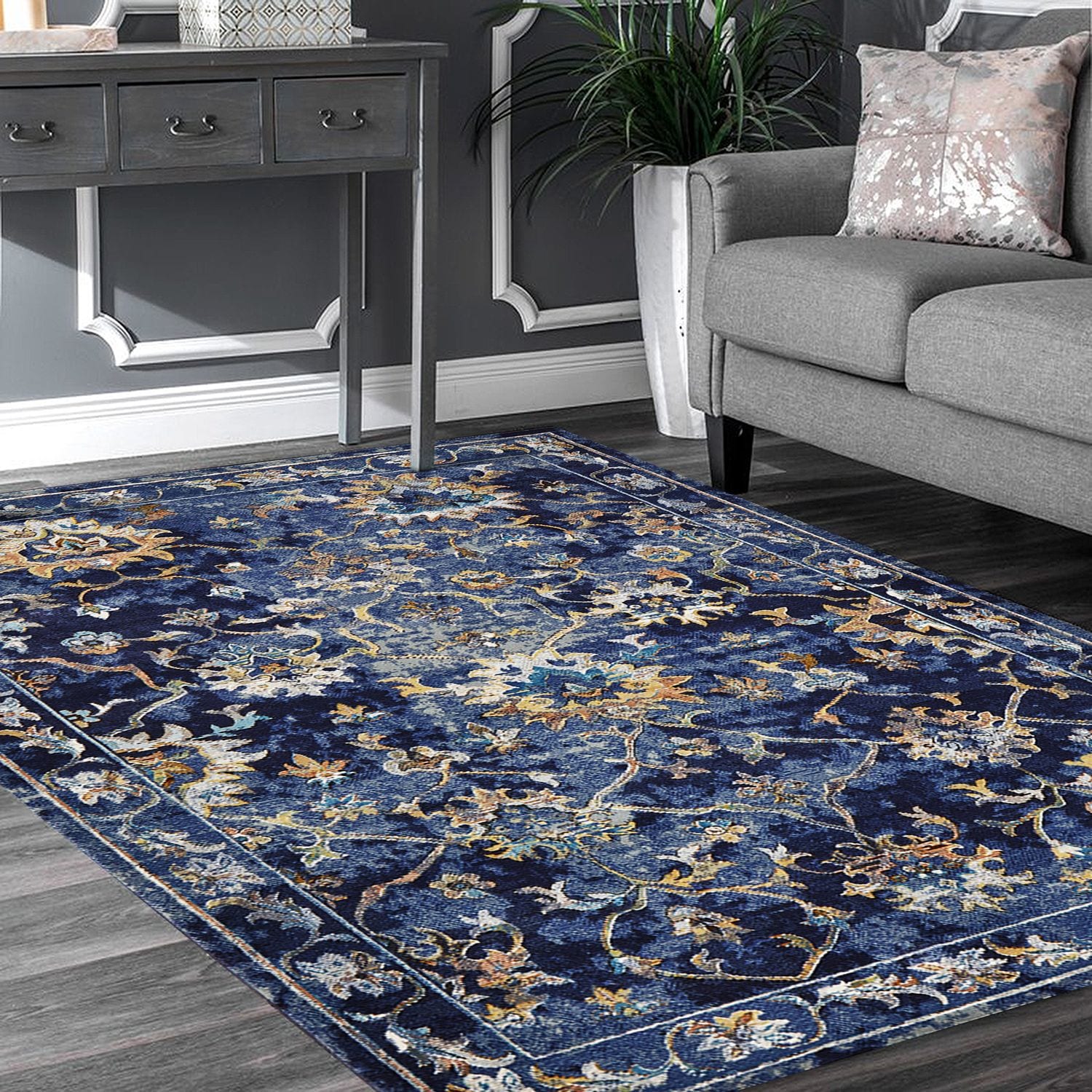 LR Home 1811A8984934J8 8 X 10 (ft) Indigo Indoor Floral/Botanical Area Rug