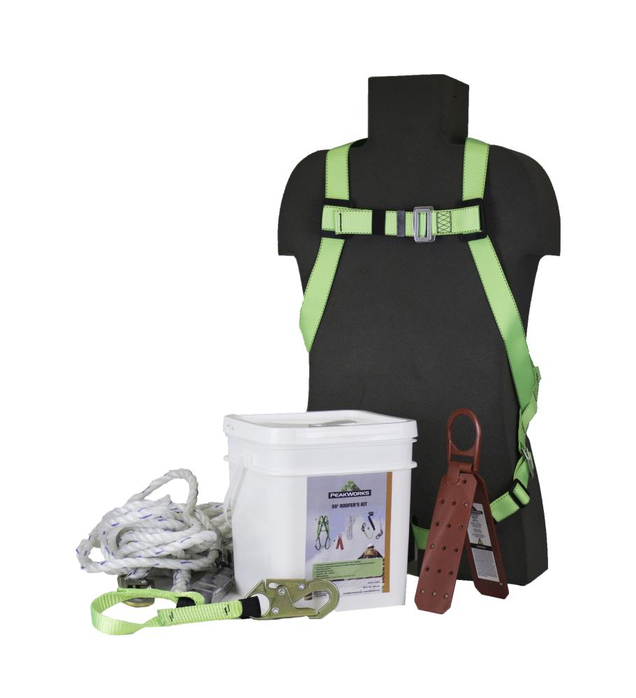 PeakWorks Full Body Safety Harness with Pass Thru Leg Buckles, Rope Grab,  50-ft Vertical Lifeline and Reusable Roof Bracket, Roofer's Kit in Bucket,  White/Green, Universal Fit in the Safety Accessories department at