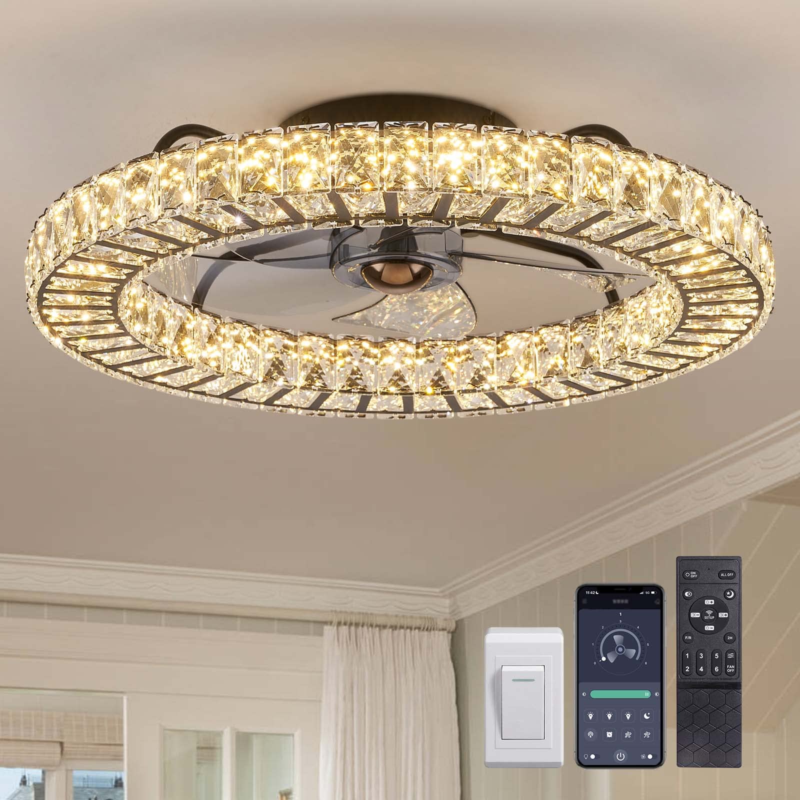 Liwidu  21 inch Crystal Ceiling Fan with Light Modern Fandelier with APP and Remote Control Flush Mount Ceiling fan with Light for Bedroom