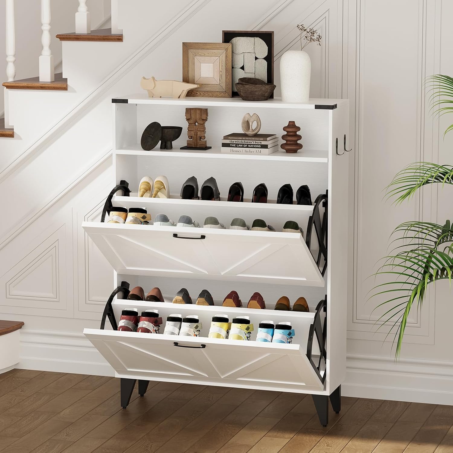 Garvee Freestanding Entryway Shoe Cabinet with 2 Flip Drawers Shoe Storage Cabinet with Metal Legs and Adjustable Shelf Narrow Shoe Rack for Entryway White #OYF-PHO-159Z4N7C
