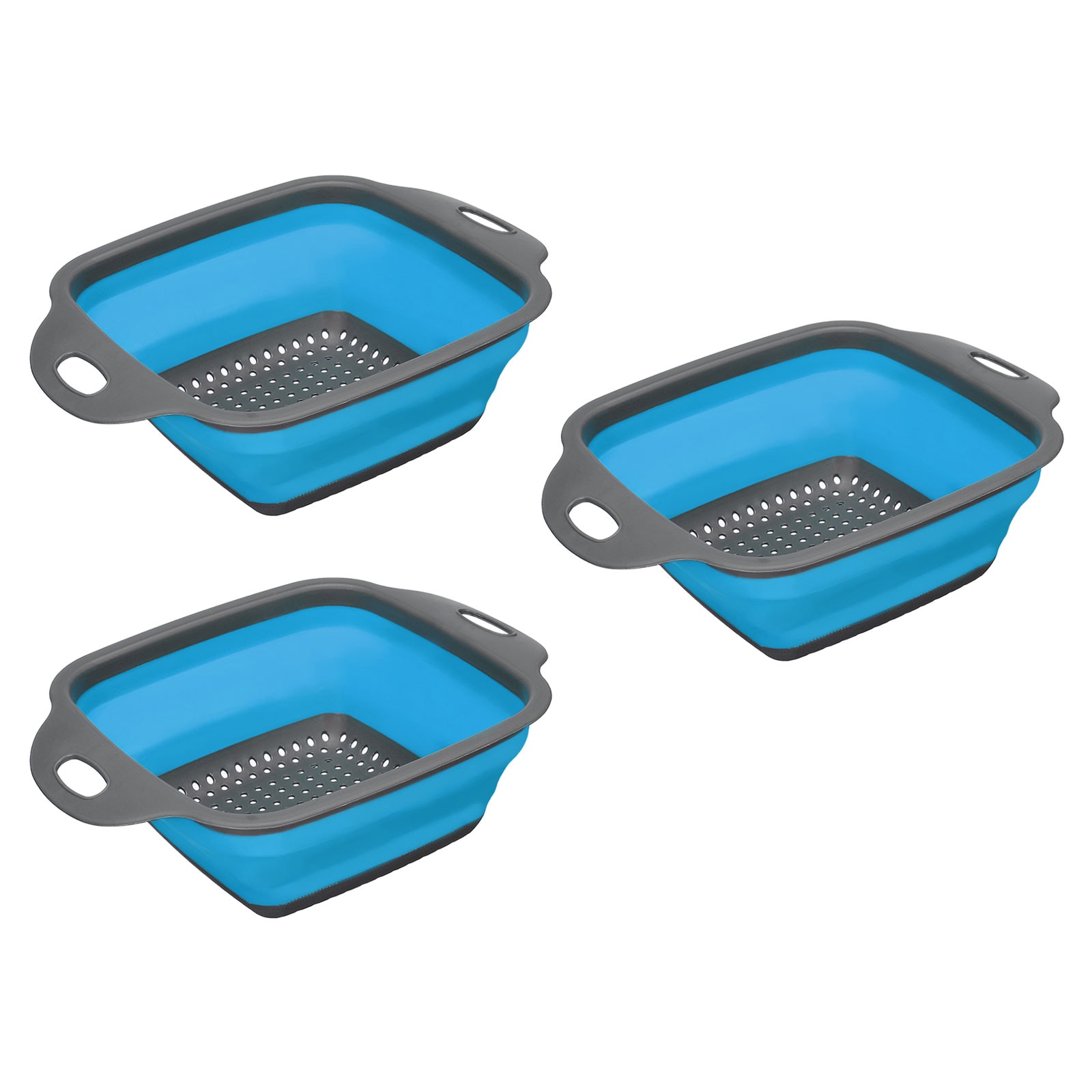 Unique Bargains Collapsible Colander Set 3pcs Silicone Square Foldable Strainer with Handle Space Saving Suitable for Pasta Vegetables Fruits - Blue Small