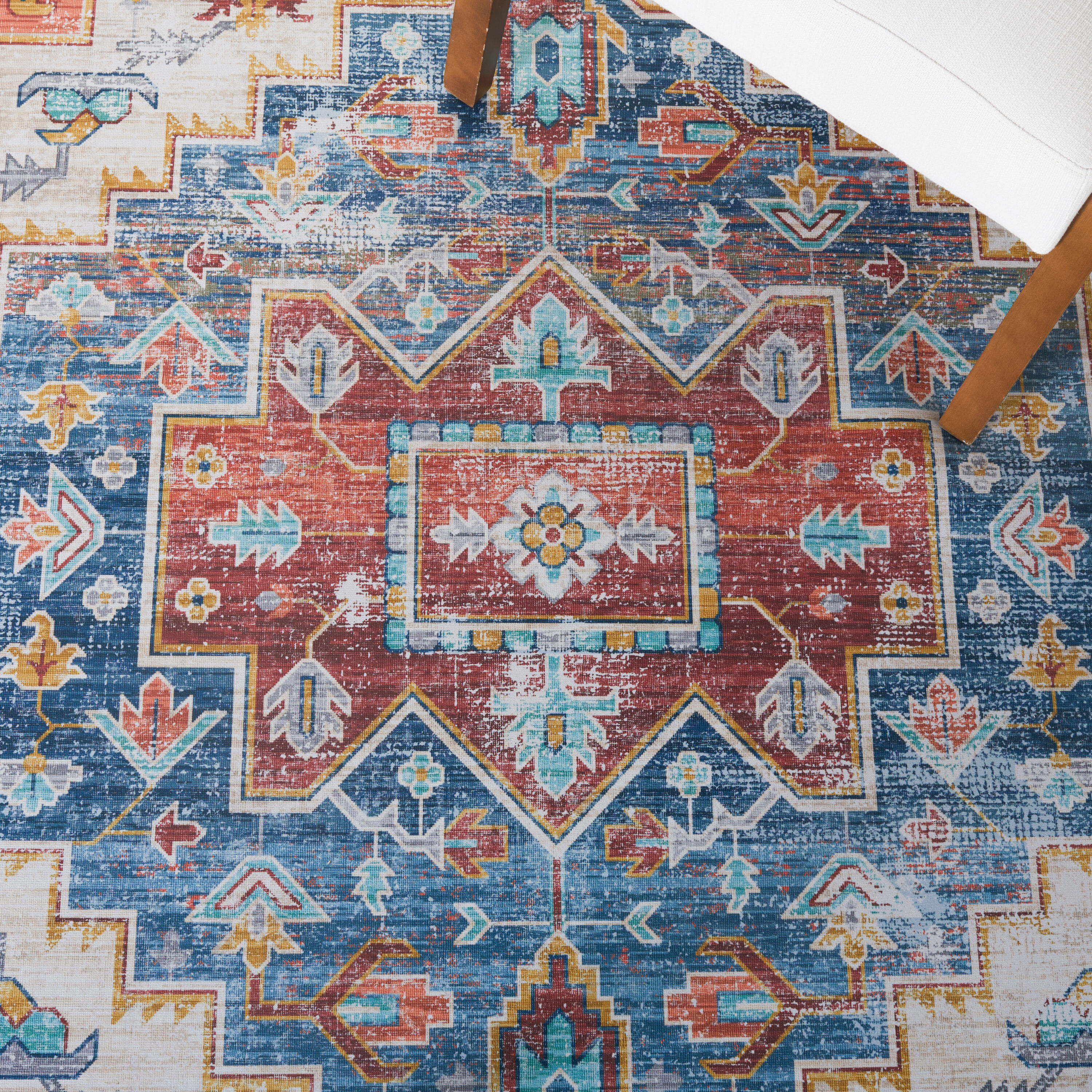 Tucson Traditional Blue/Rust 3' x 5' Machine Washable Area Rug