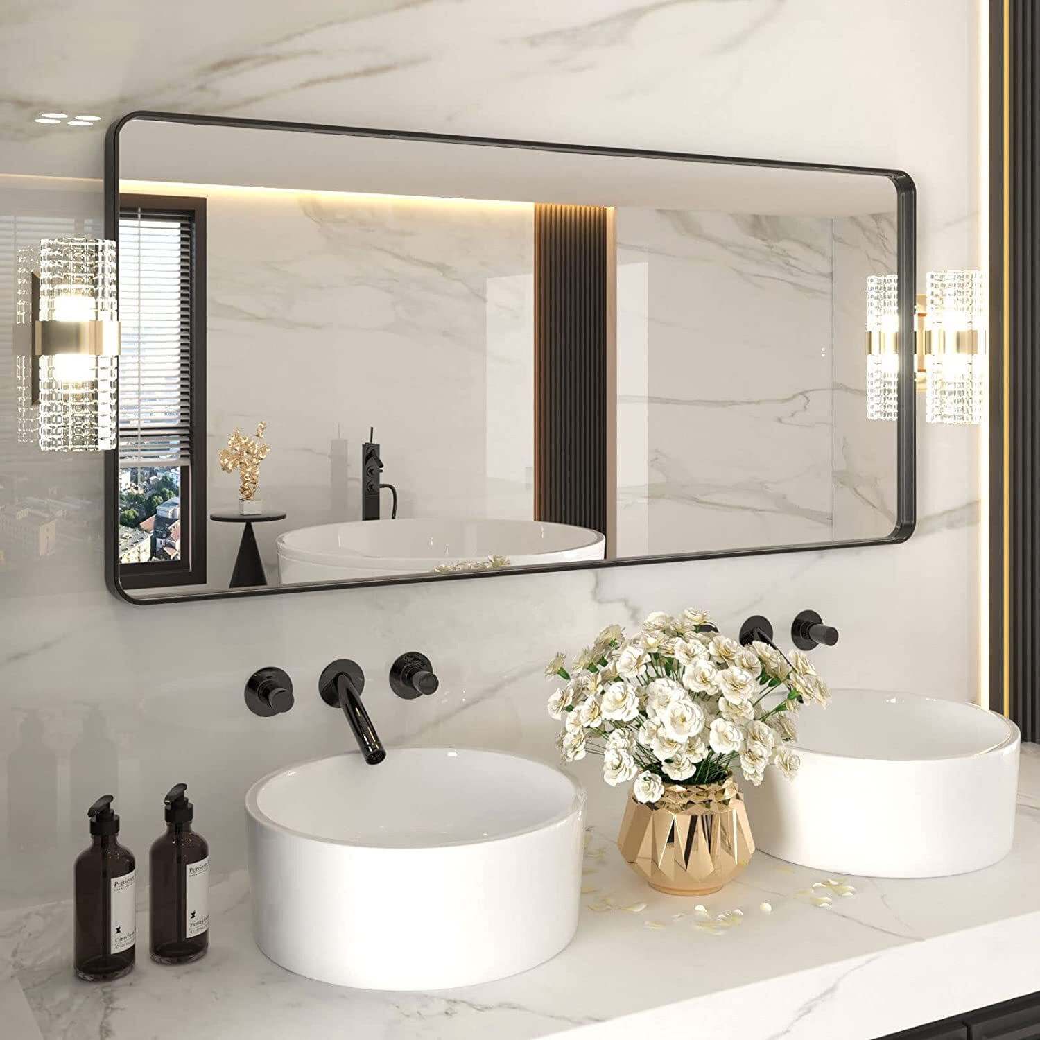 Wall Bathroom Mirror with Shelf Hooks Sturdy Metal Frame for Bedroom Living  Room