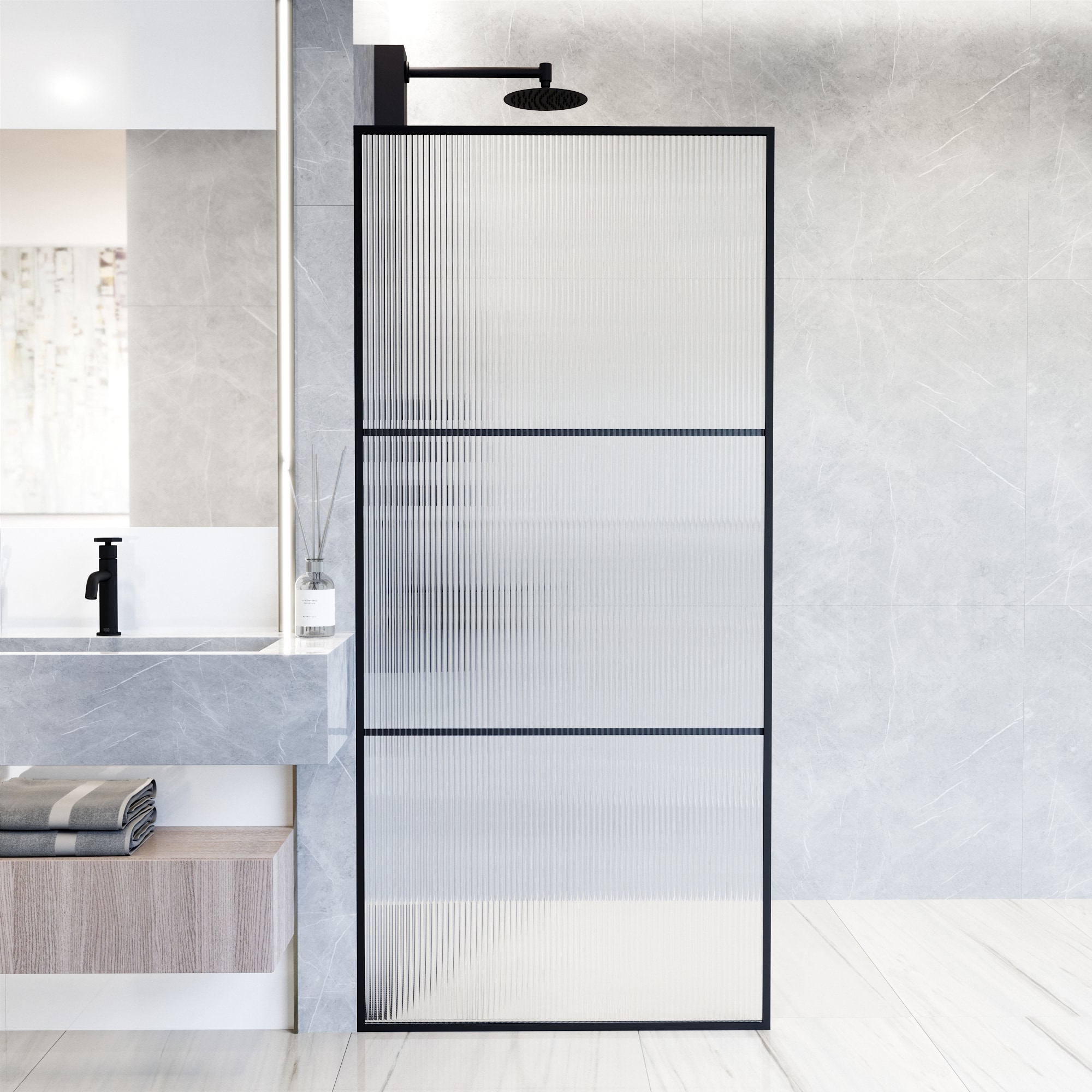VIGO VG6090MBFL3474 Divide Matte Black 34-in W x 74-in H Framed Frosted/Patterned Glass Fixed Shower door