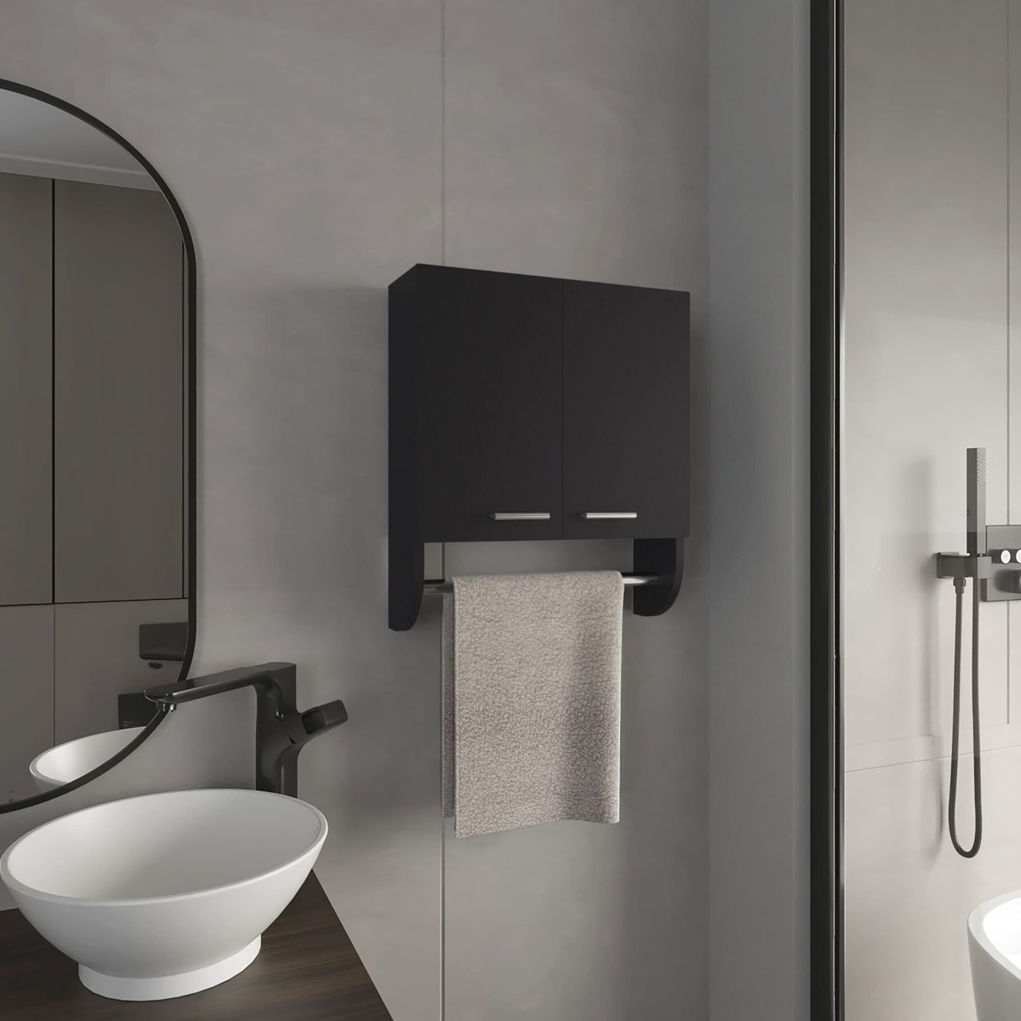 IAK 20 inch Black Engineered Wood Medicine Cabinet with 2 Shelves and 2 Doors