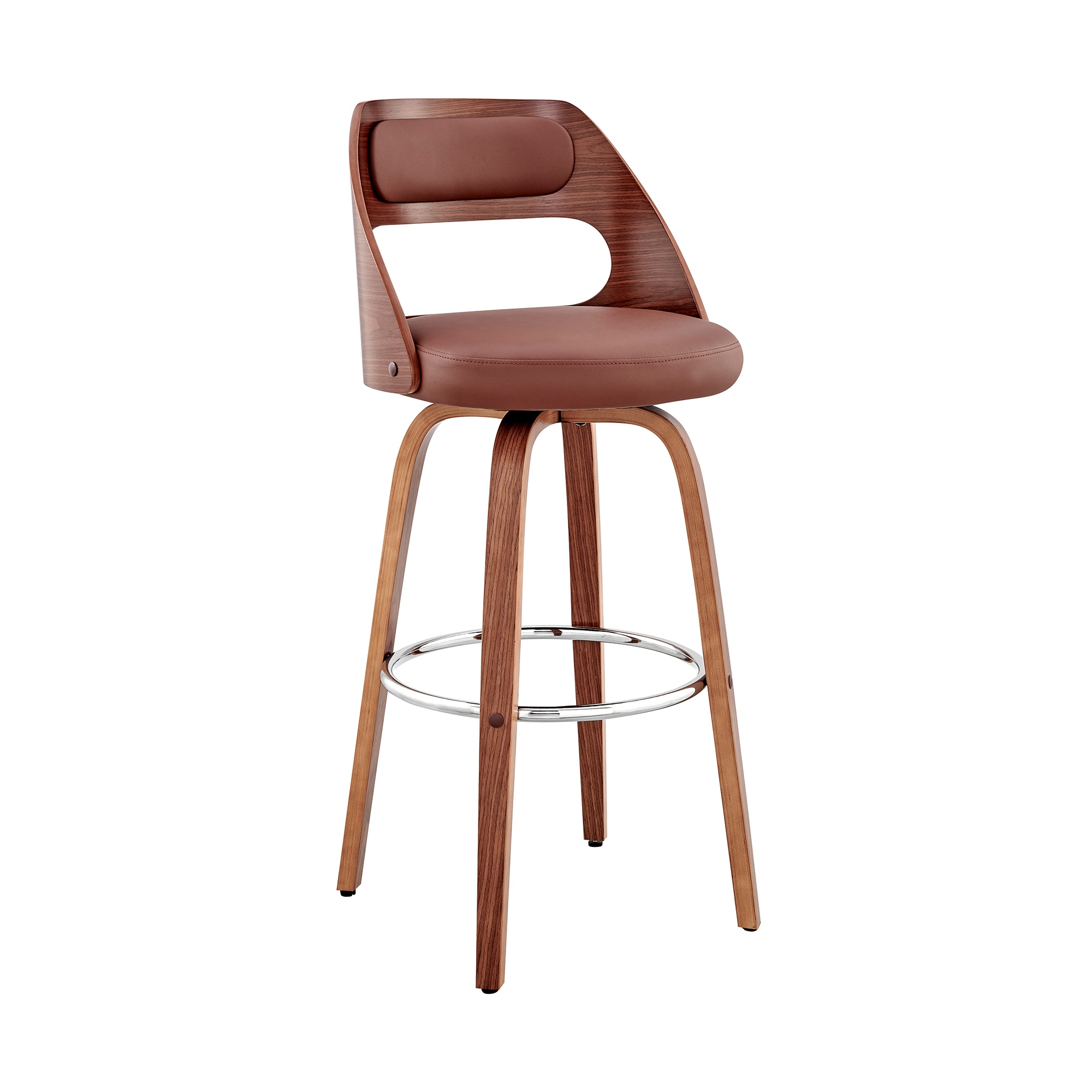 Armen Living LCJUBAWABR26 Julius Brown Walnut 26.0-in H Counter height Round seat Upholstered Swivel Wood Bar Stool and Back