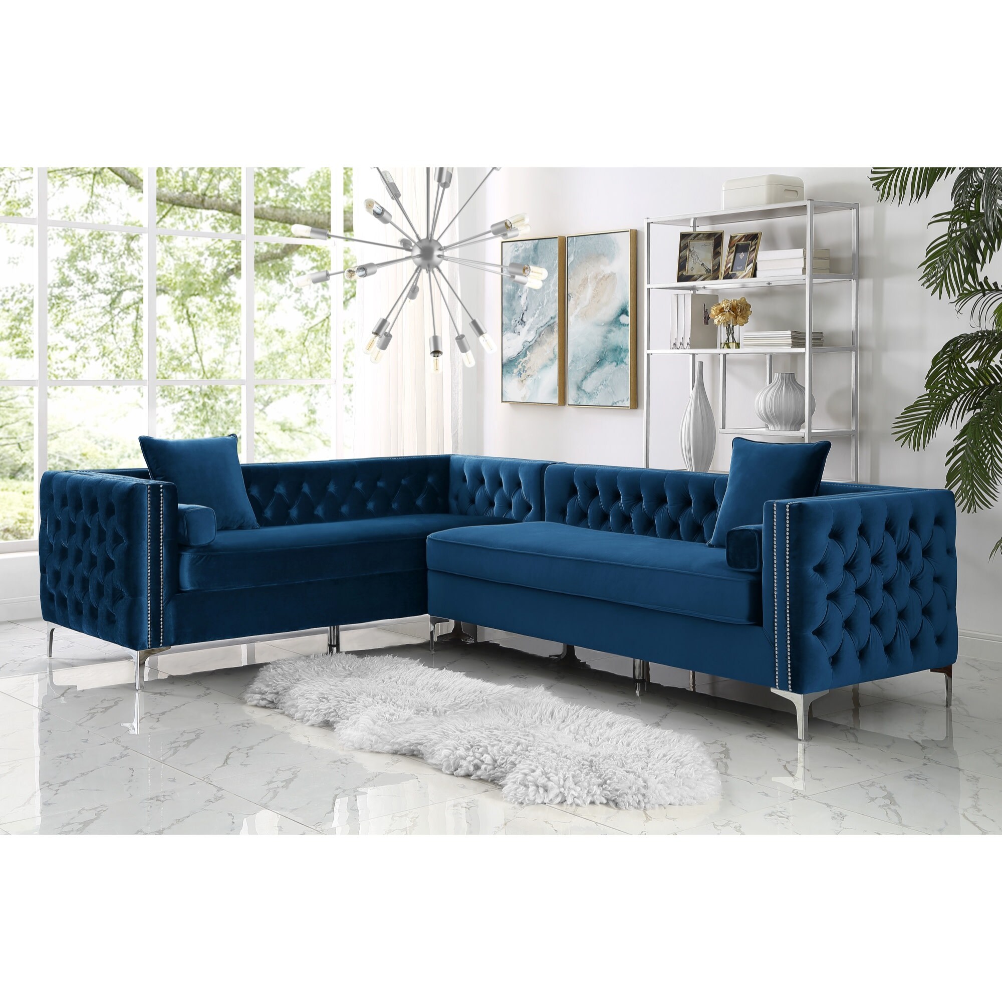 Inspired Home Olivia 120.5-in Glam Navy Blue Velvet 4-seater Sectional ...