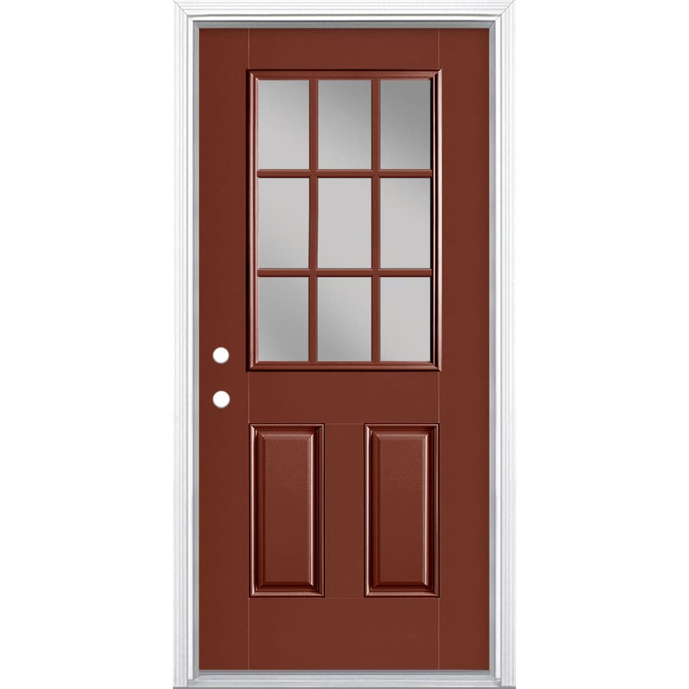 Masonite 1218762 36-in x 80-in x 4-9/16-in Fiberglass Half lite Right-hand inswing Fox tail Painted Prehung Front Door with Brickmould Insulating core with Grilles