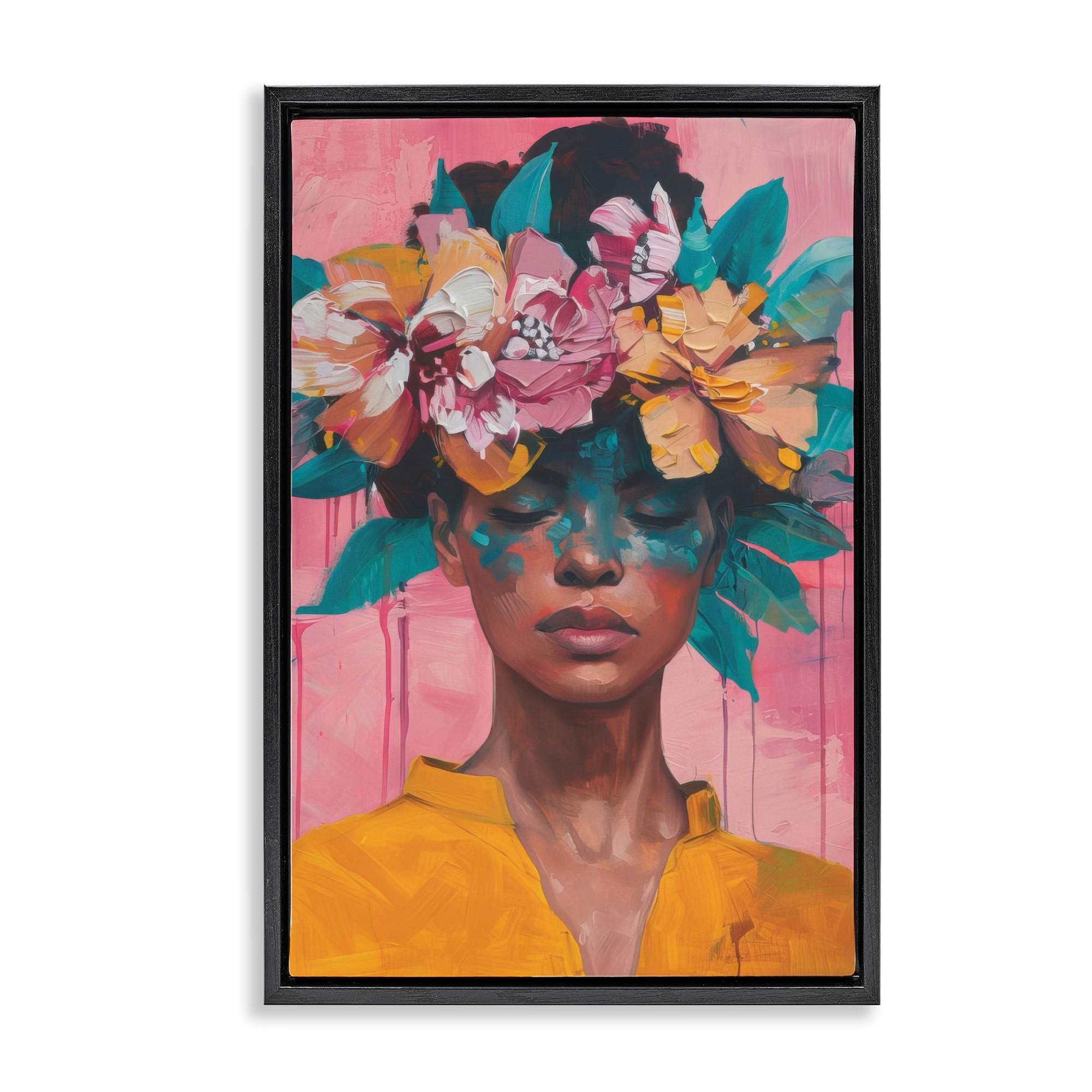 Stupell Industries BT-679-FFB-20X30 Woman With Floral Headdress Black Framed Floater Canvas Wall Art By LSR Design Studio 21 x 31