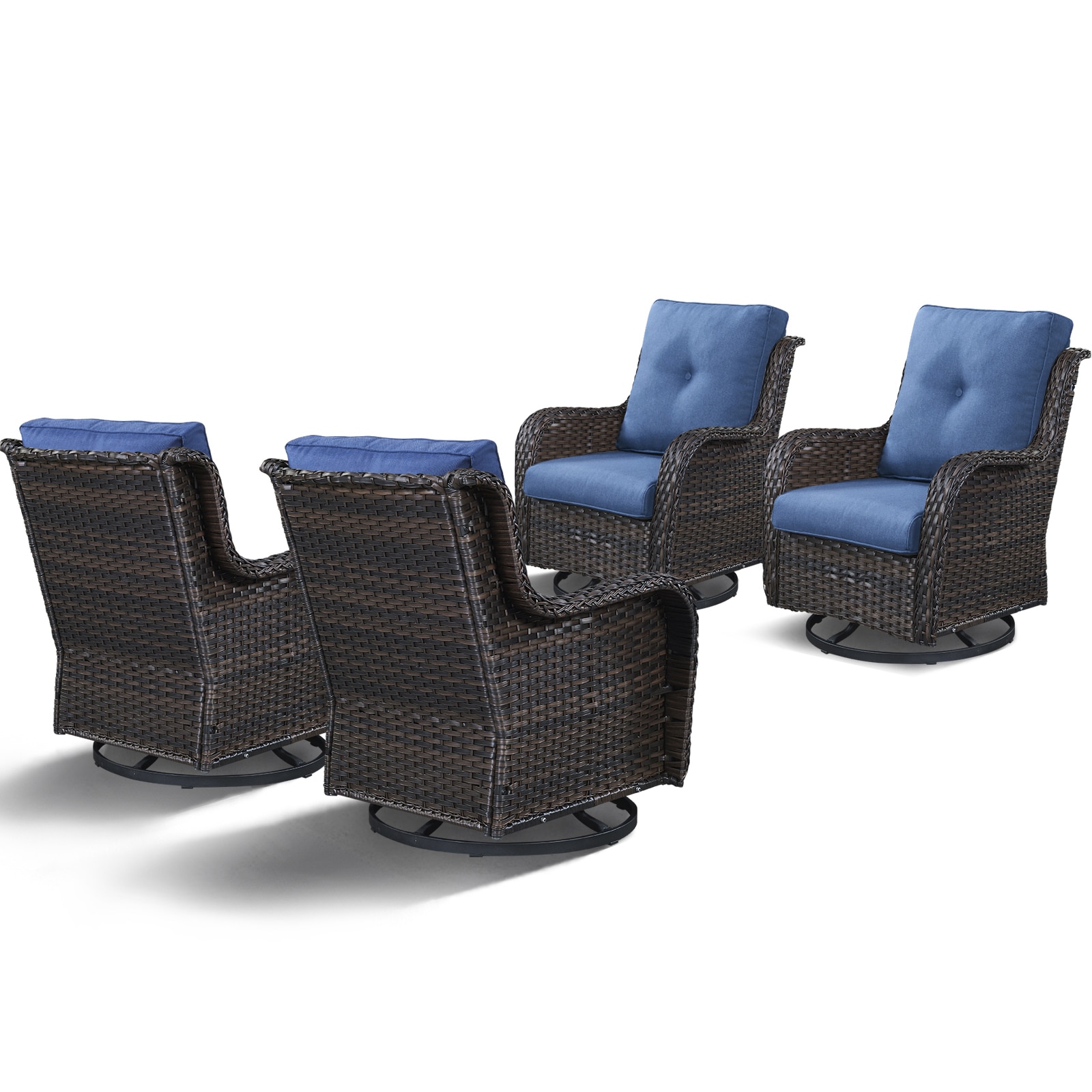 Rilyson FS023-1X2 Curved armrest Set of 4 Wicker Brown Wicker Frame Swivel rocker Rocking Chair with Blue Blue Cushioned Seat