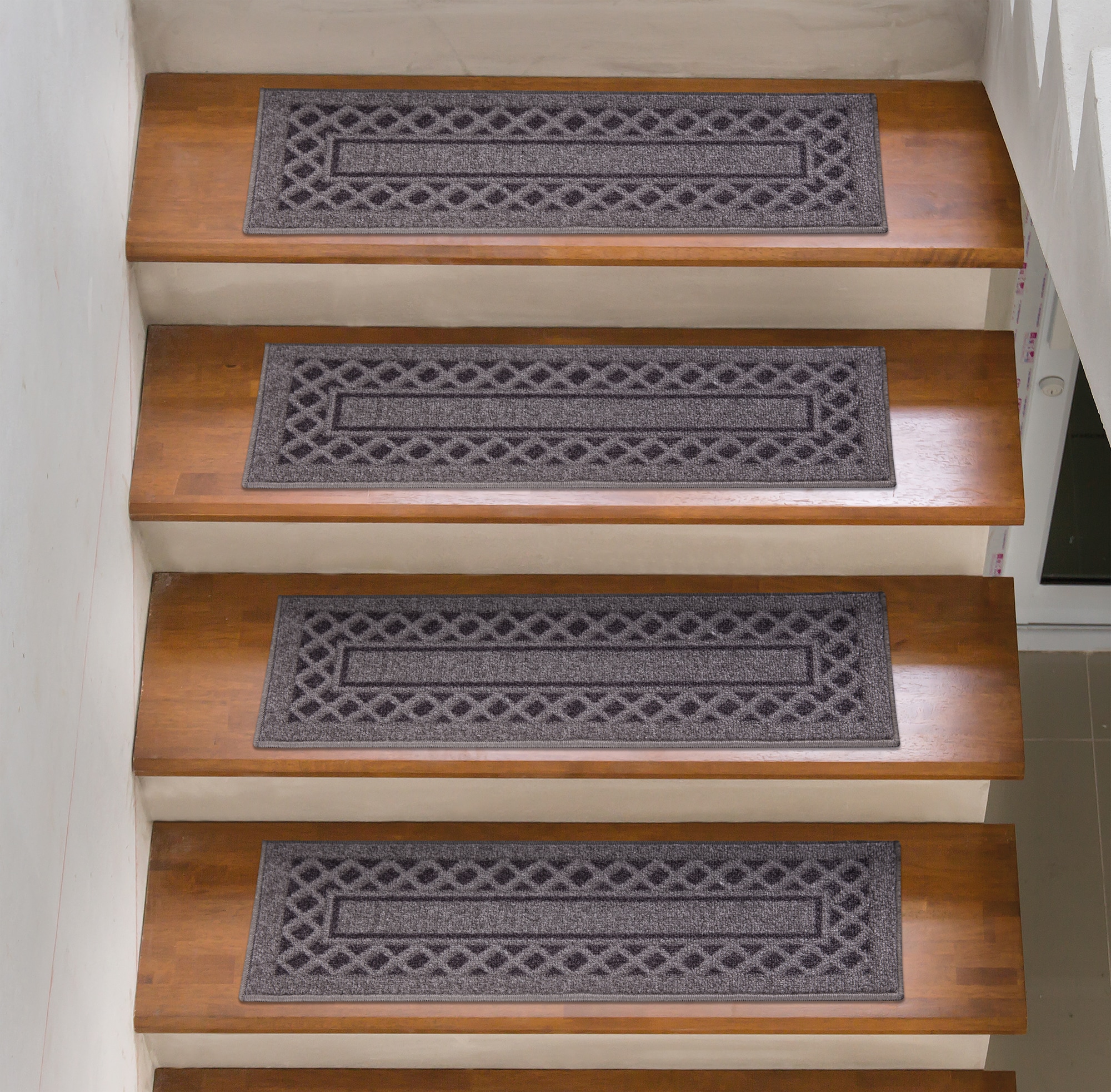 Ottomanson CLS9023-7 Non-Slip Stair Mat 7 Pack 1 x 2 (ft) Loomed Nylon Gray Rectangular Indoor Border Stair tread rug