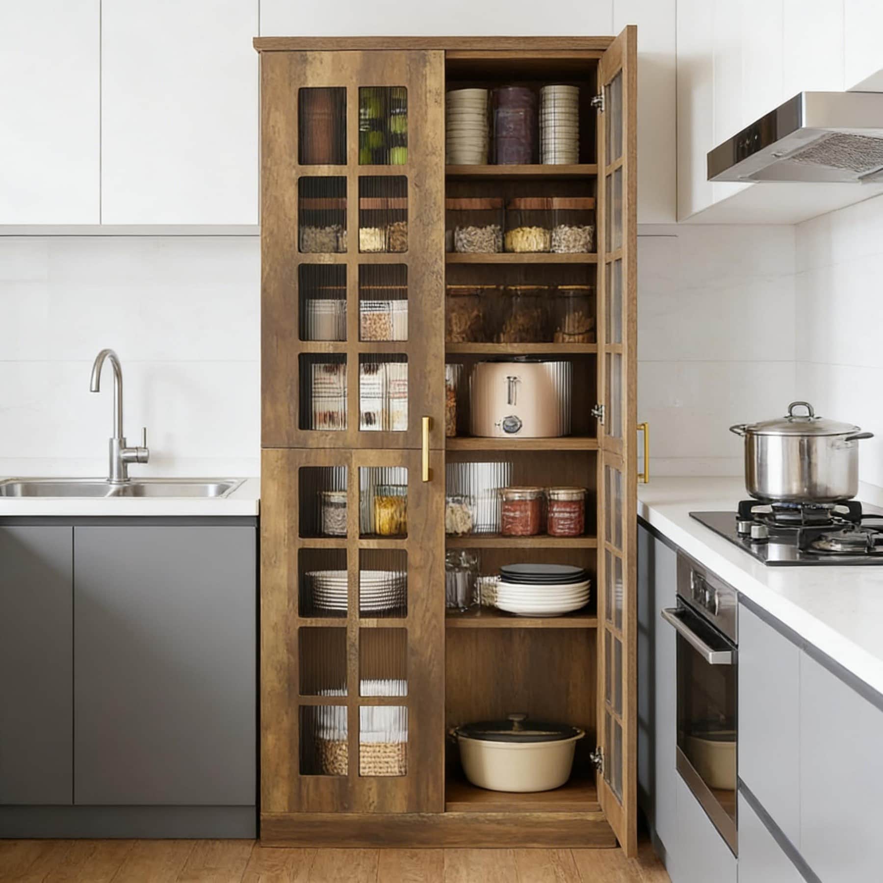 GlasFlength  31-Inch Tall Kitchen Pantry Cabinet with Adjustable Shelves Spacious Storage Organizer for Kitchen Dining Living Room Rustic Brown
