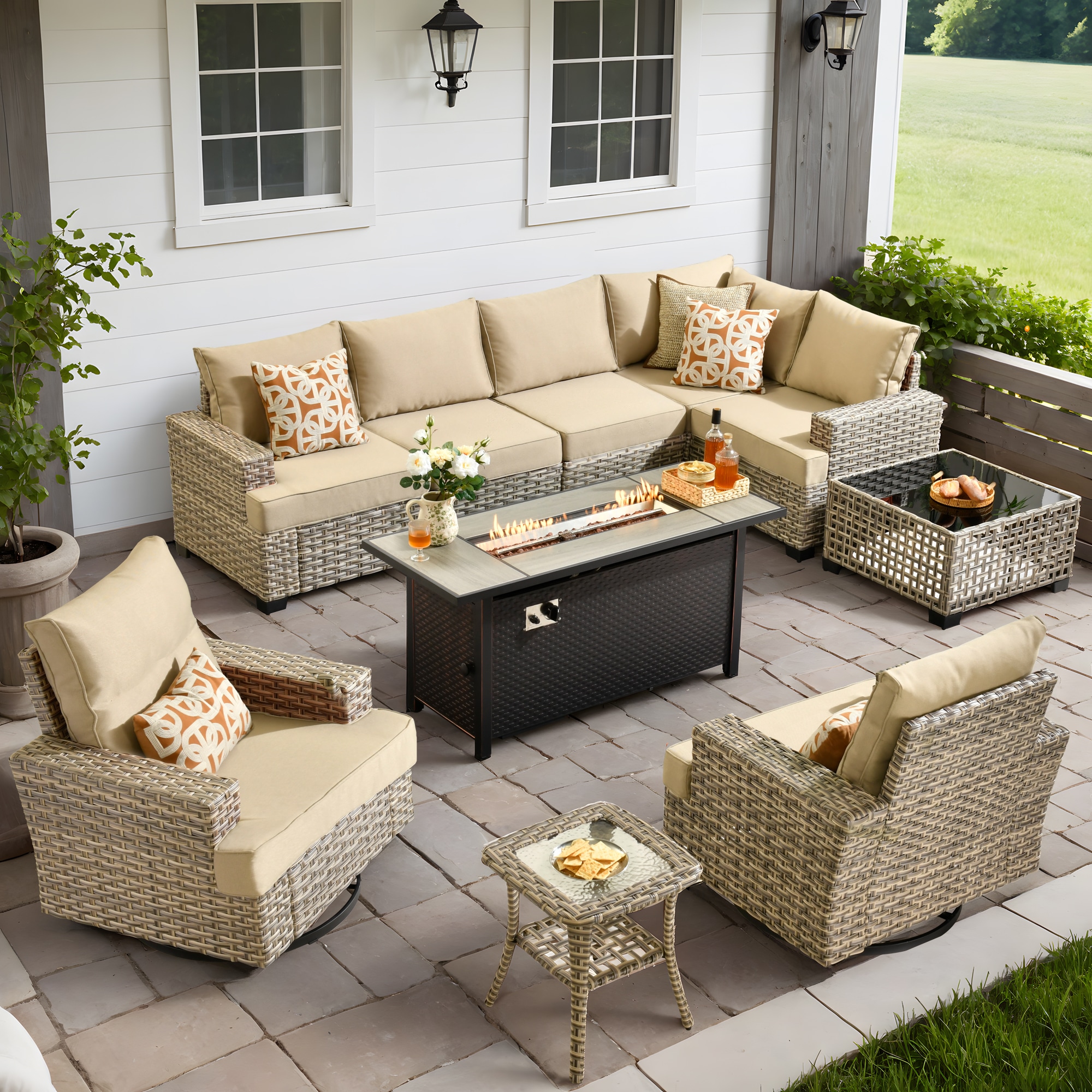 Ovios RFP5TS609Y 10 -Piece Rattan Patio Conversation Set with Beige Cushions
