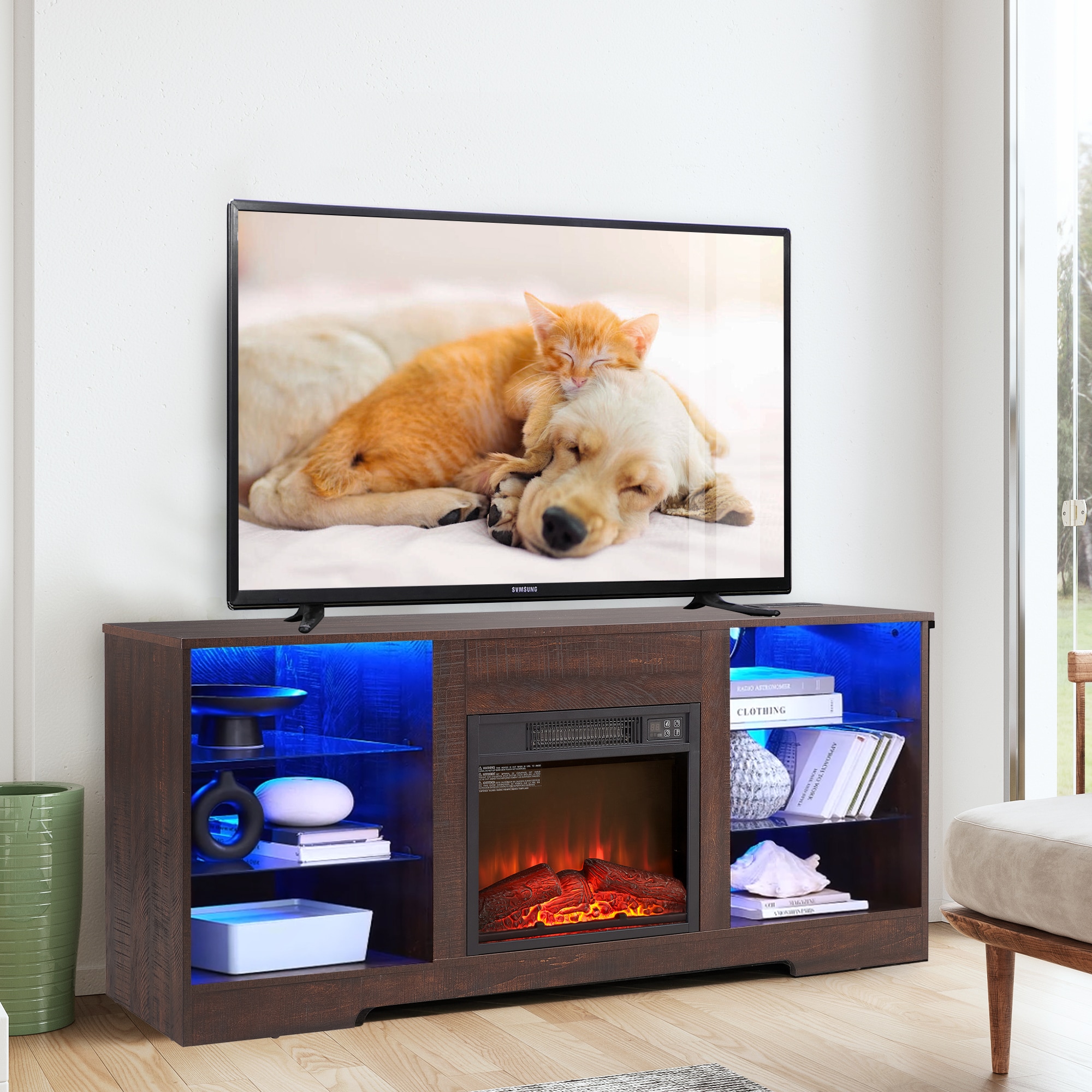 Sunrinx MG63-23-GSD 57.87-Inches W Espresso TV Stand with Fan-forced Flat wall Electric Fireplace with Remote Control Included