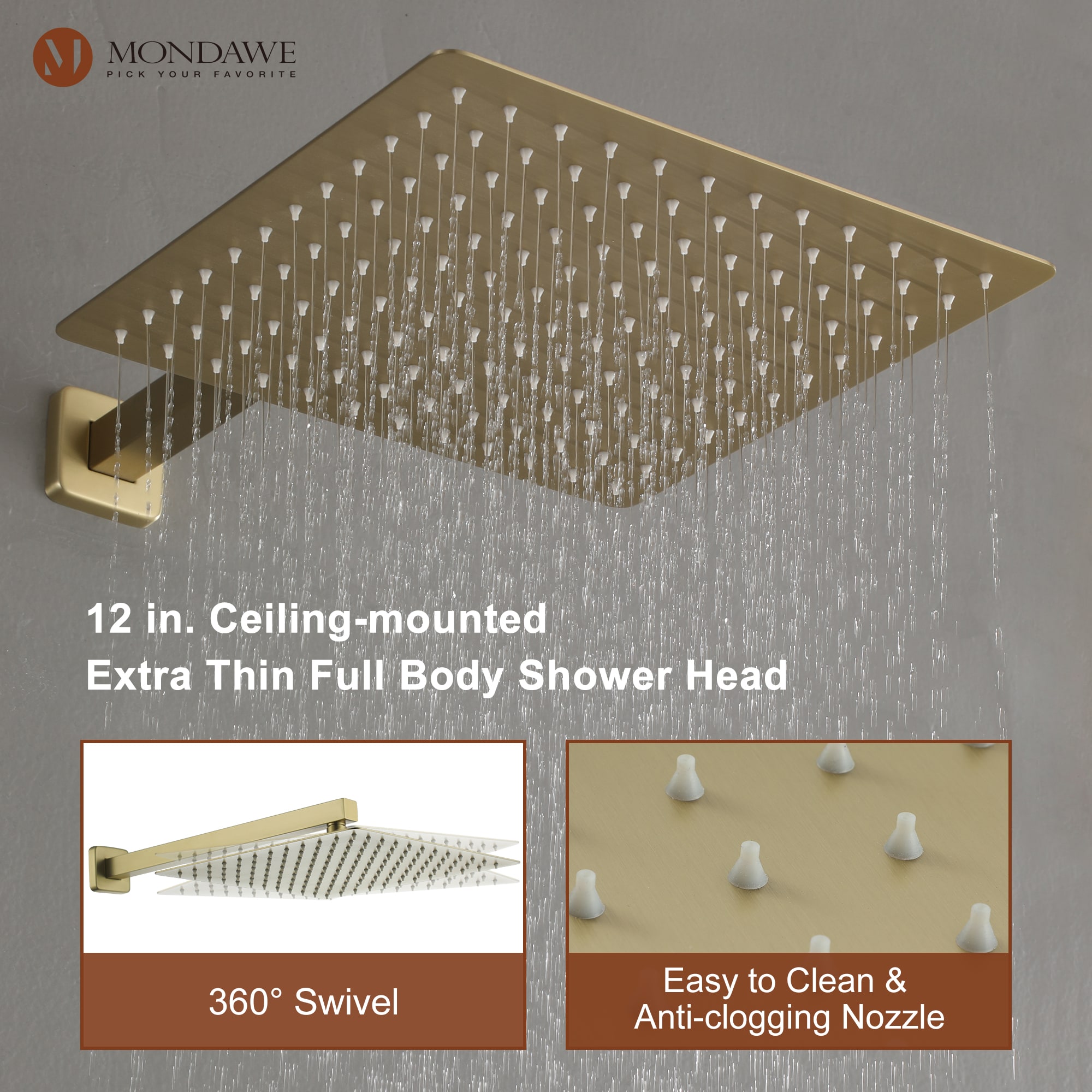 Mondawe Brushed Gold 12-in Waterfall Dual Head Built-In Shower Faucet ...