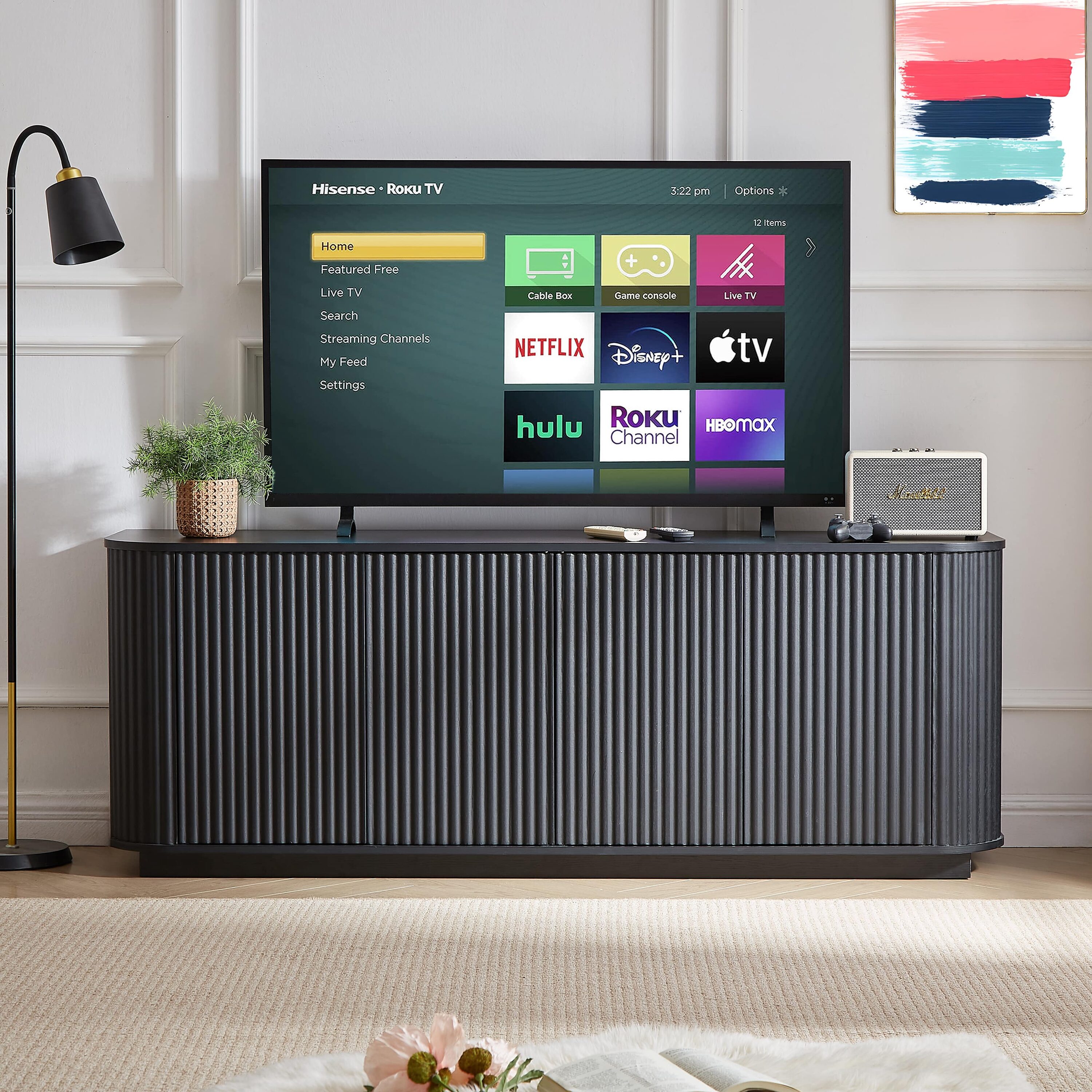 Vynxaria -  Modern Wave Sideboard Storage Cabinet Black Buffet Console Table with Press Spring Do...
