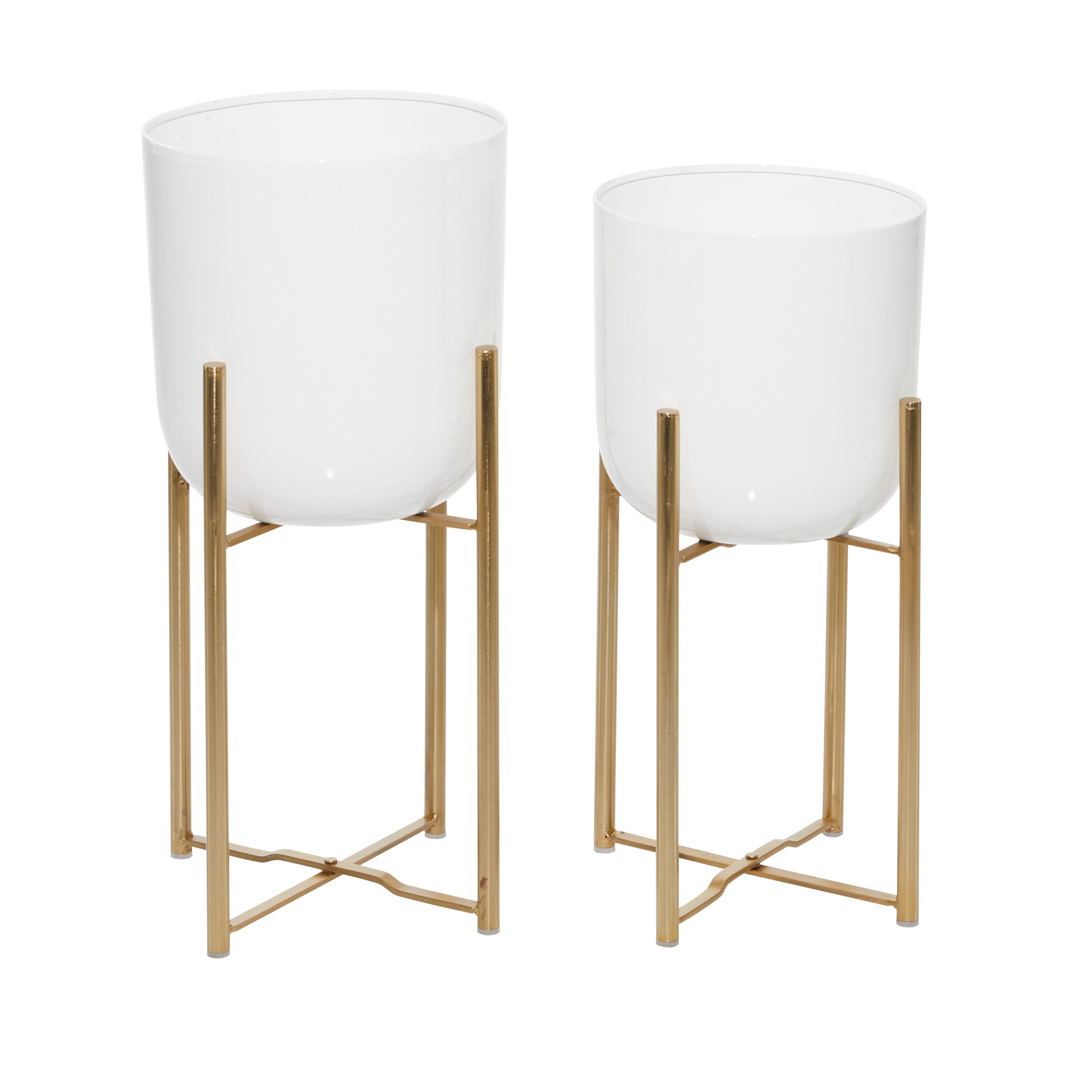 White Metal Dome Planters with Gold Stands, Set of 2