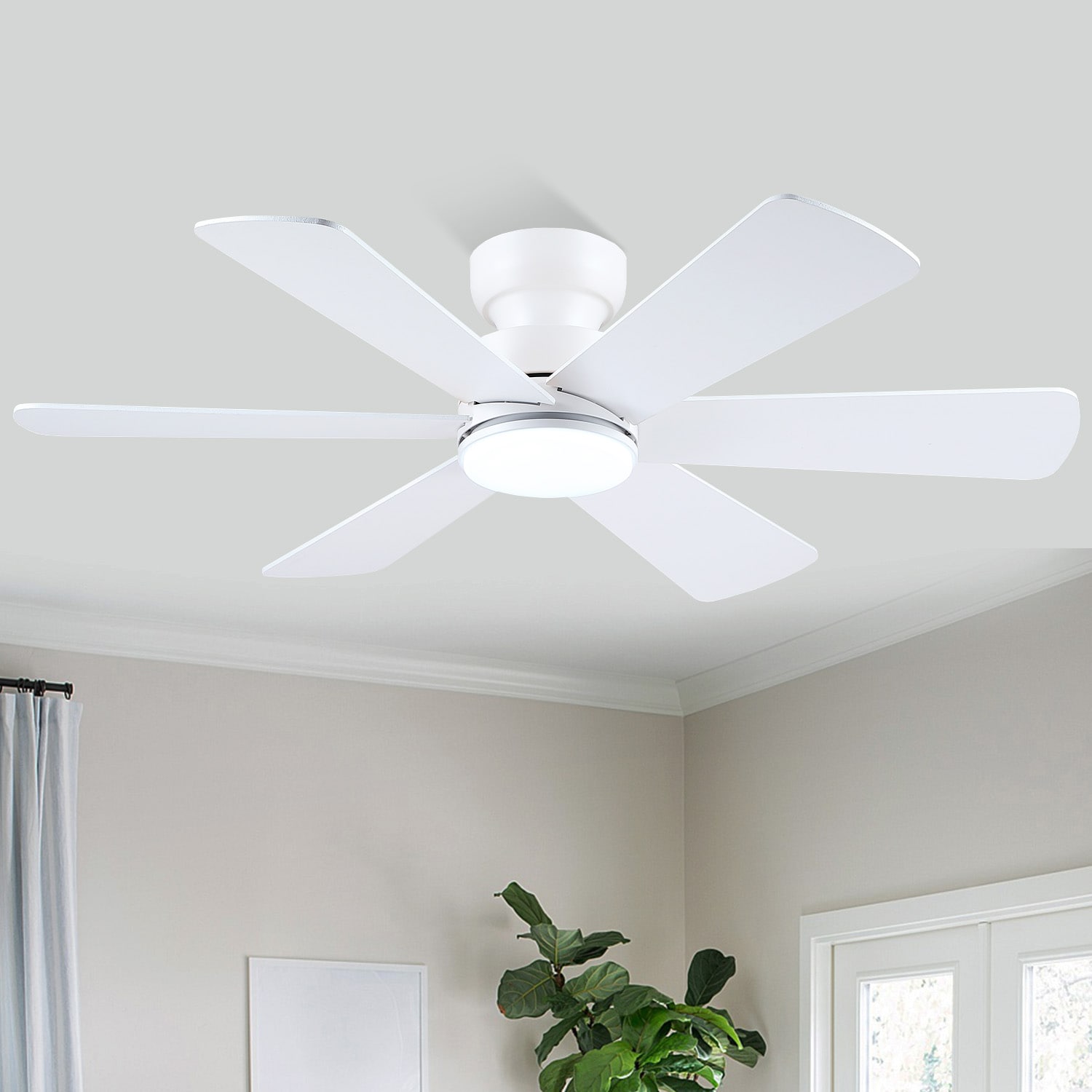 Gleam Flare 46 Inches White Low Profile Ceiling Fan with Light and Remote DC Motor 6 Speed 3 CCT LED 5 Blades for Living room Bedroom