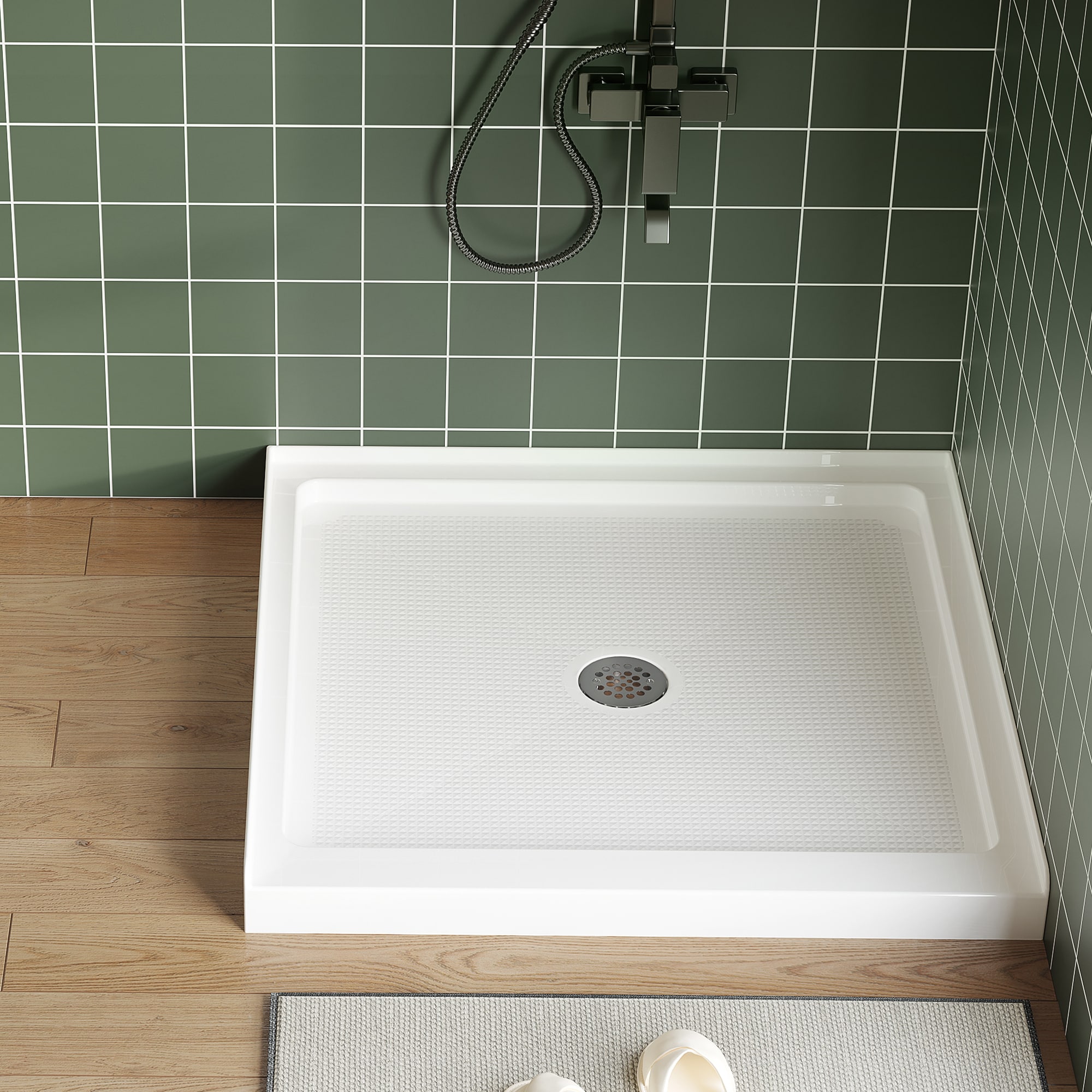 GarveeLife 36+36 White Multi-Layer Acrylic Neo-Angle PVC Corner Shower Pan With Slip Resistant Surface Removable Stainless Steel Drain Cover Flush Low Profile 2 Installation Modes Reinforced Support Ribs Sturdy Waterproof Shower Base
