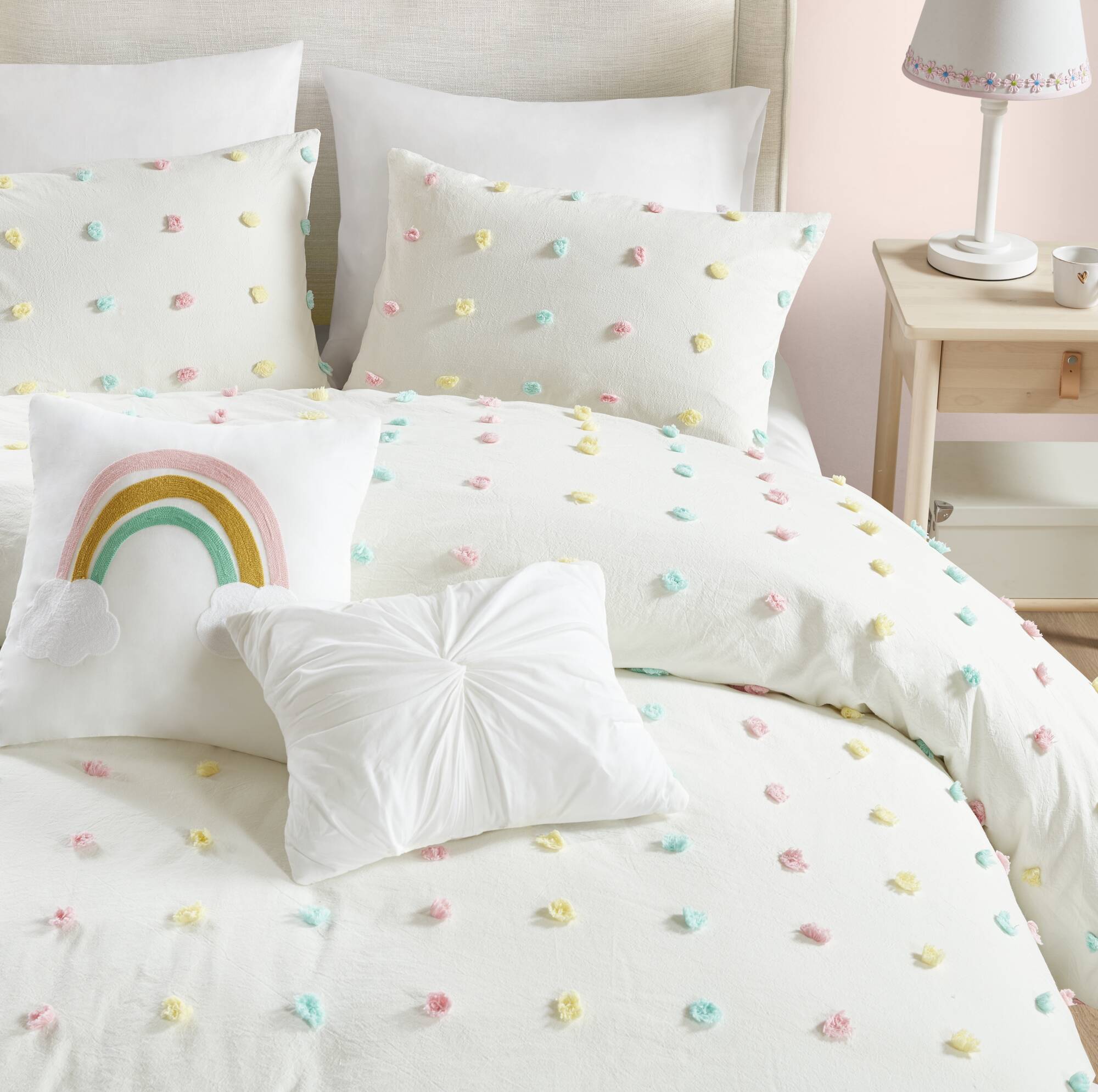 Cozy Cotton Twin Pom Pom Kids' Quilt Set in White