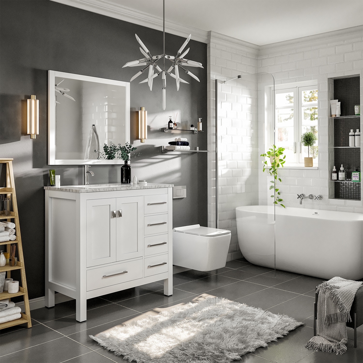 Eviva Hampton 36 x 18 White Transitional Bathroom Vanity with White Carrara Top