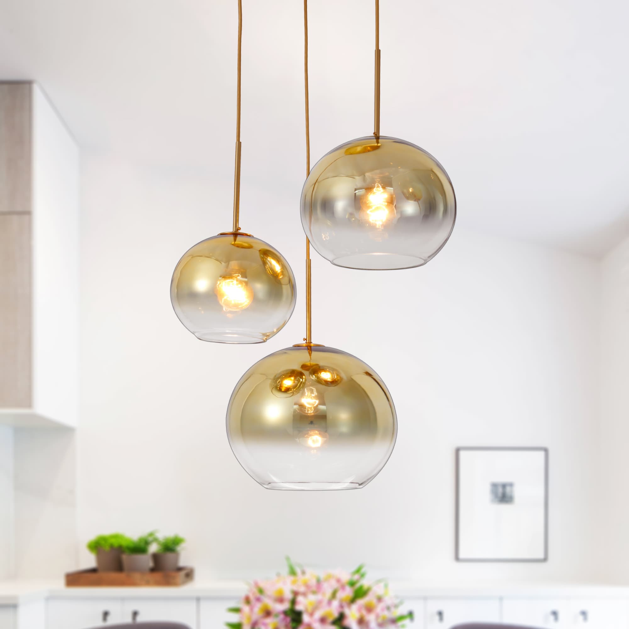 EFPERFECT DS-DY02 Gradient Gold Glass Chandelier 3 Light Cluster Pendant Lamps Lighting Fixtures