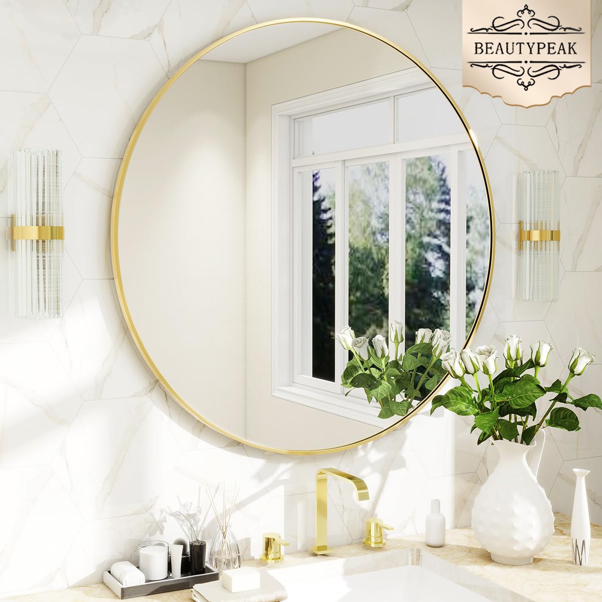 BEAUTYPEAK LS-YJ3535-G 35-Inches W x 35.0-Inches H Round Gold Framed Wall Mirror