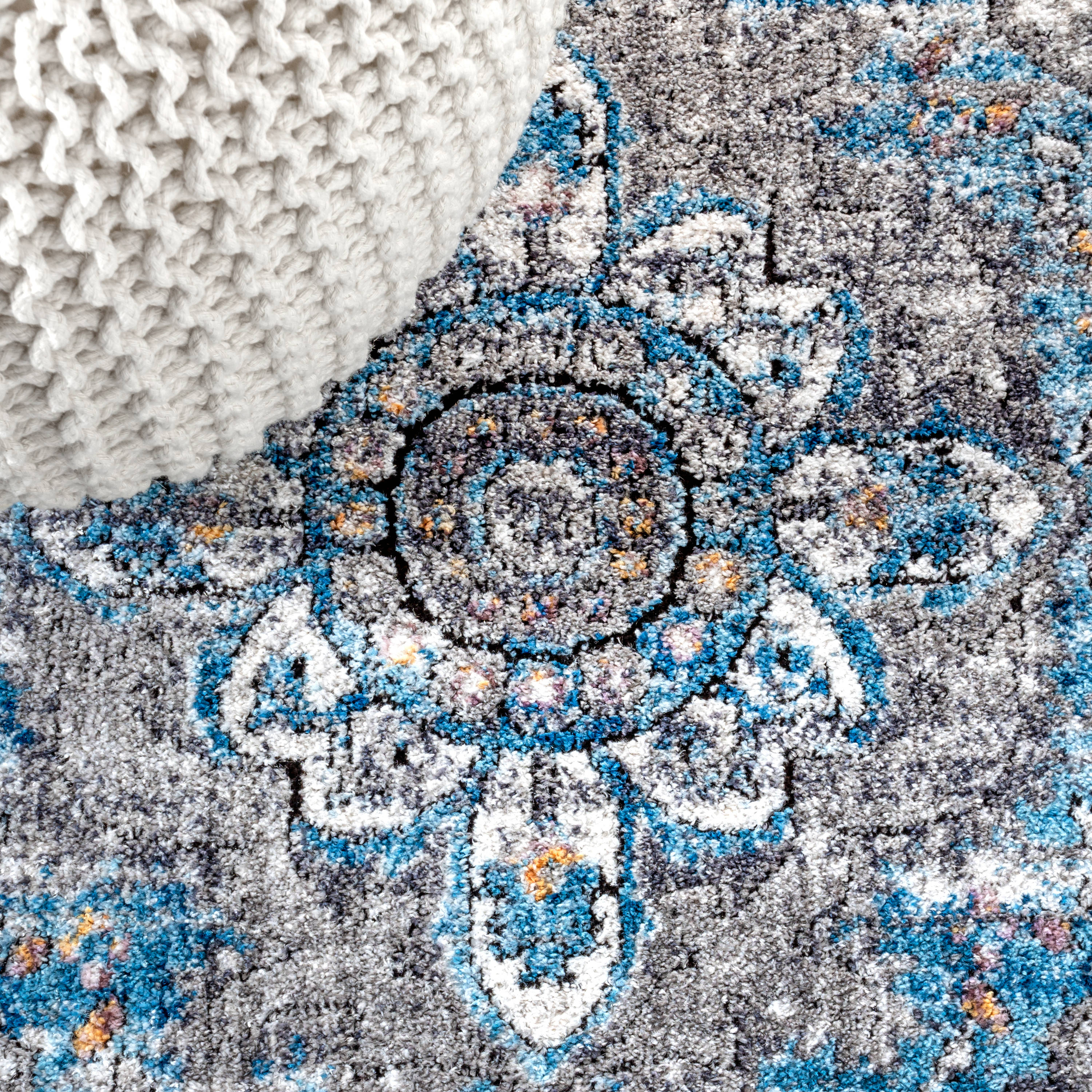Anatolia Medallion Peacock Blue and Gray Easy-Care Area Rug