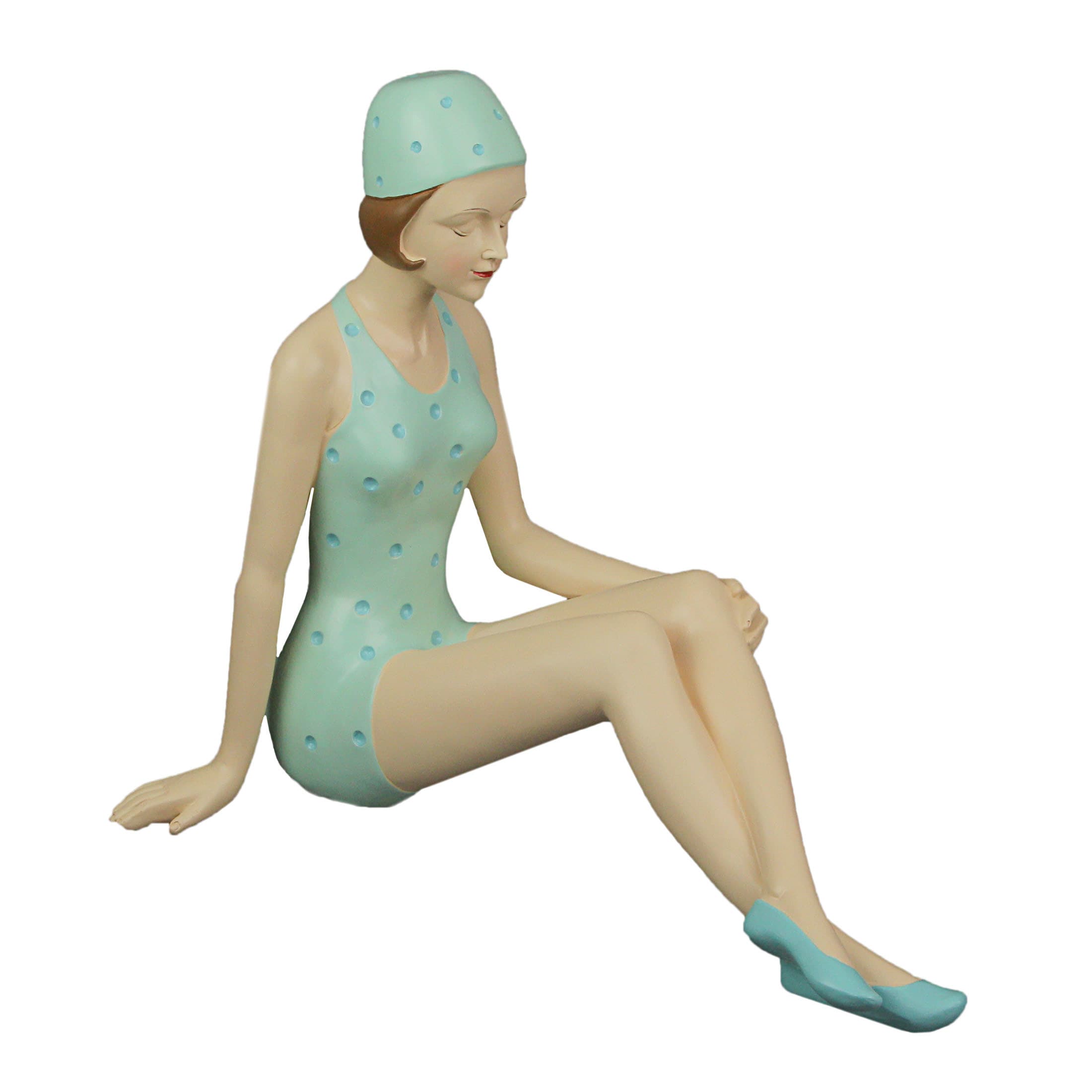 Fancy That Gift & Decor FT-BEA13374-SGR Retro Bathing Beauty Beach Girl Relaxing In Light Blue Polka Dot Swimsuit Statue