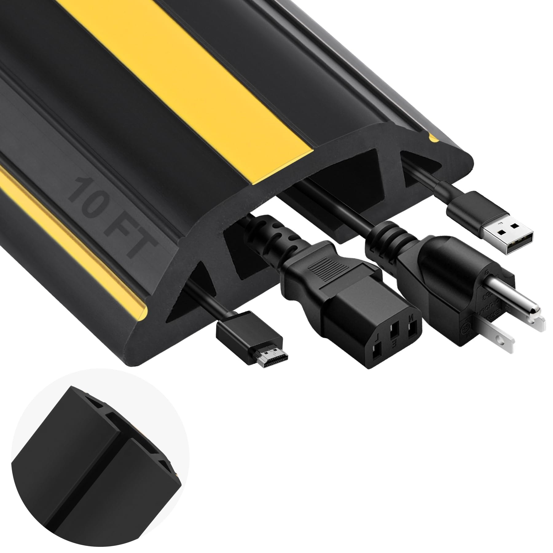 Etokfoks  10FT Floor Cord Cover Heavy Duty Cable Protector with 3 Channels PVC Floor Wire Cover for Home Office Outdoor