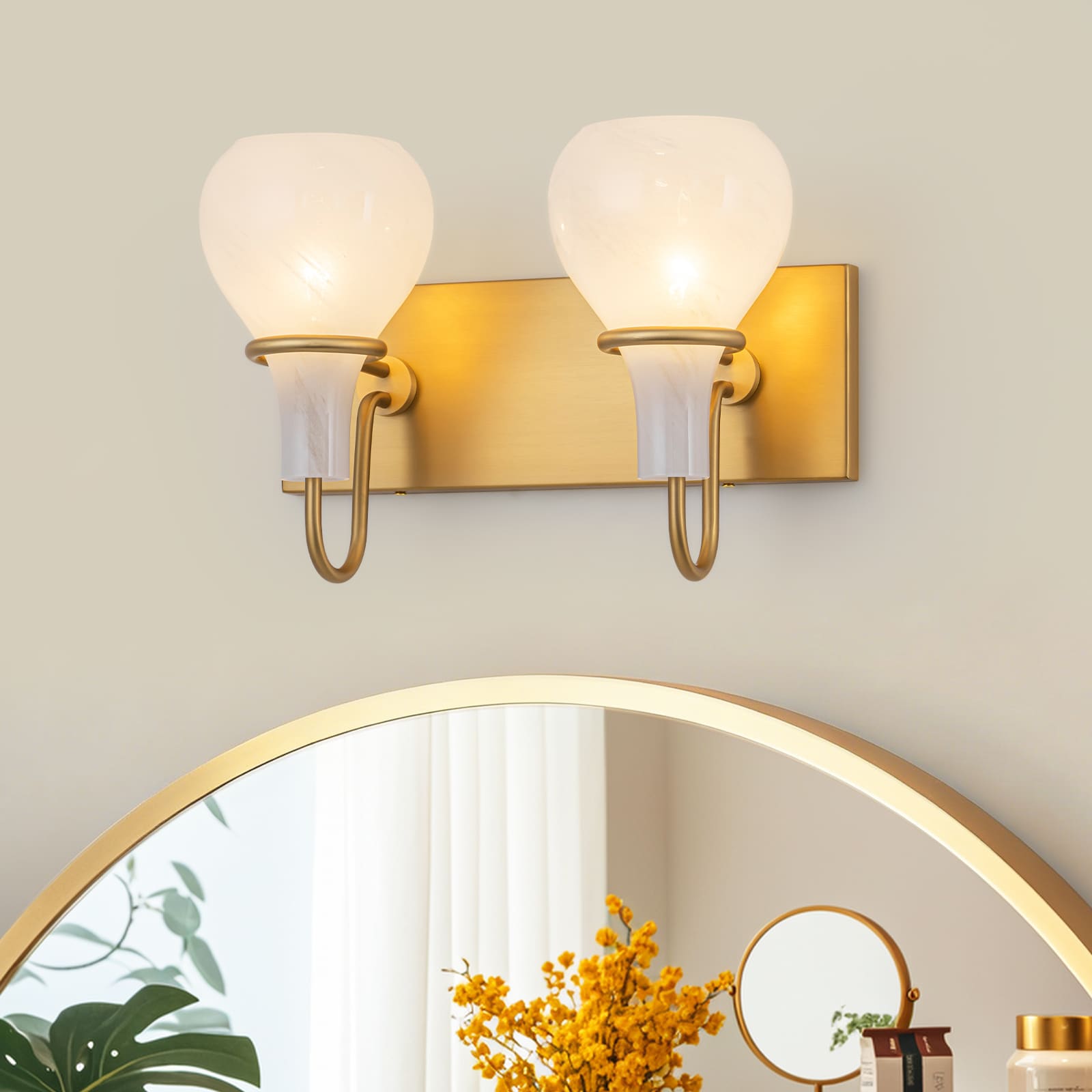 MENCOLULU - Clouded Glass Bulb-Vase Shades Wall Lighting 13.39-in 2 Light Gold Transitional Bathr...