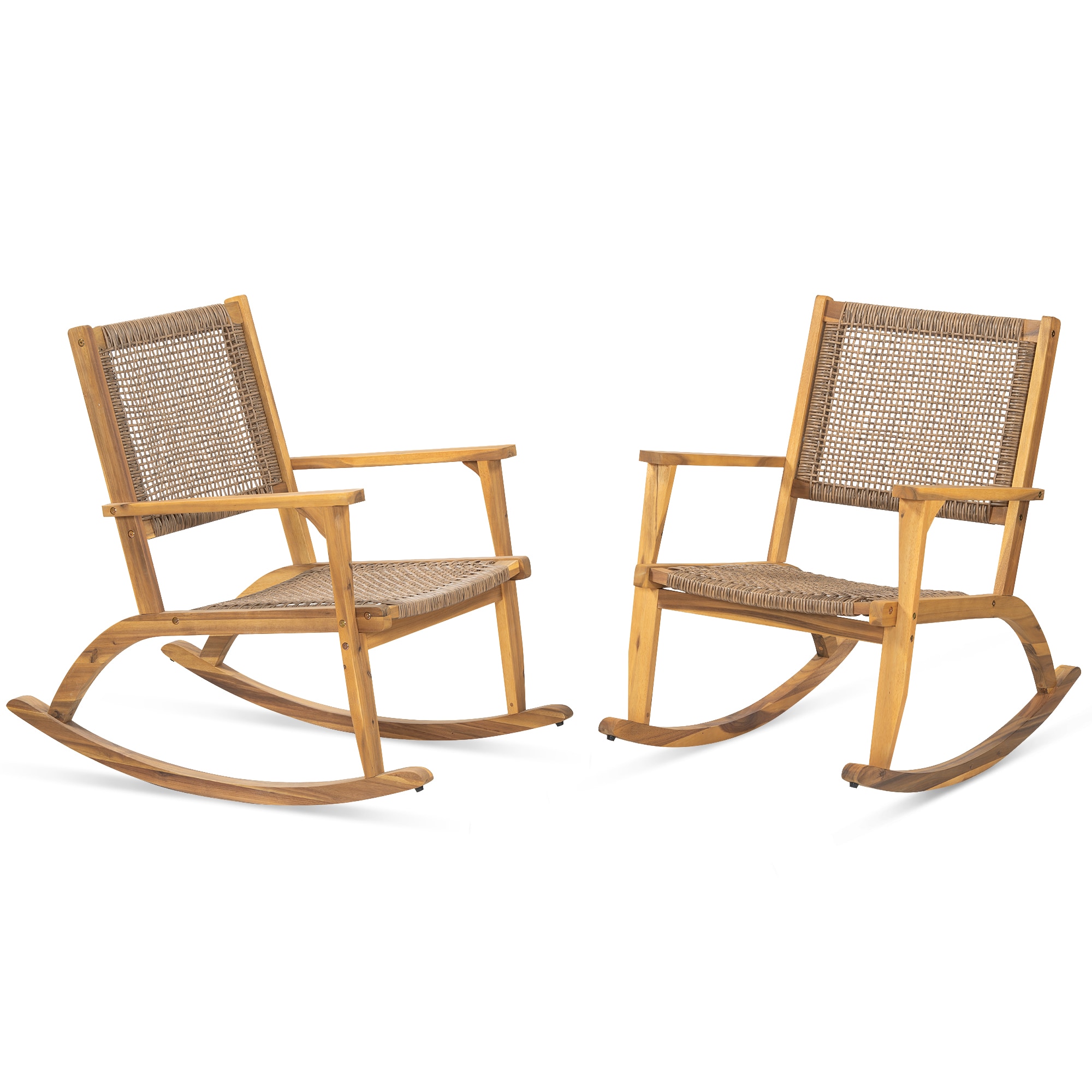 Nestfair FEGO245214A Patio Furniture Set of 2 Rattan Brown Wood Frame Rocking Chair with Brown Woven Seat