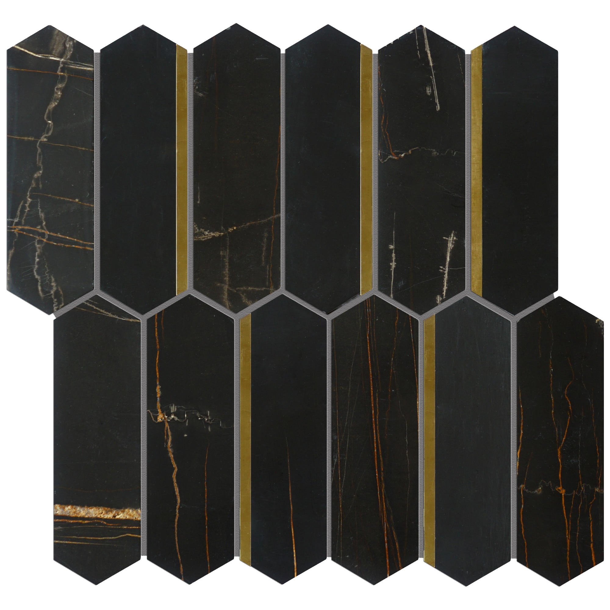 Essential Tile Nadira Black Gold 11.23-in x 11.62-in Polished Picket Marble Mosaic Tile ( 9.1-sq ft Carton ) #LO-NDO-4