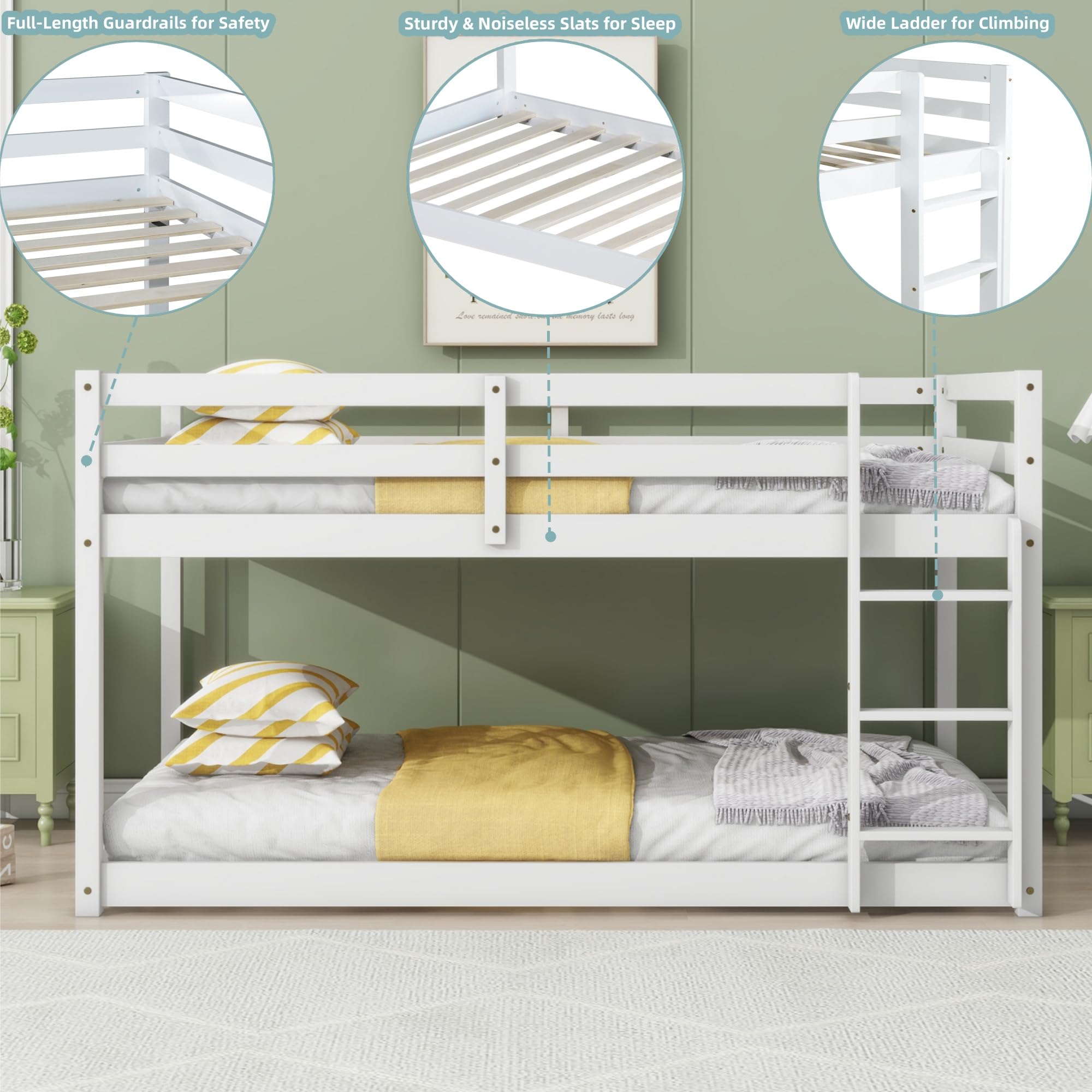 Bellemave Solid Wood Twin Over Twin Bunk Bed Frame with Full Guardrails ...