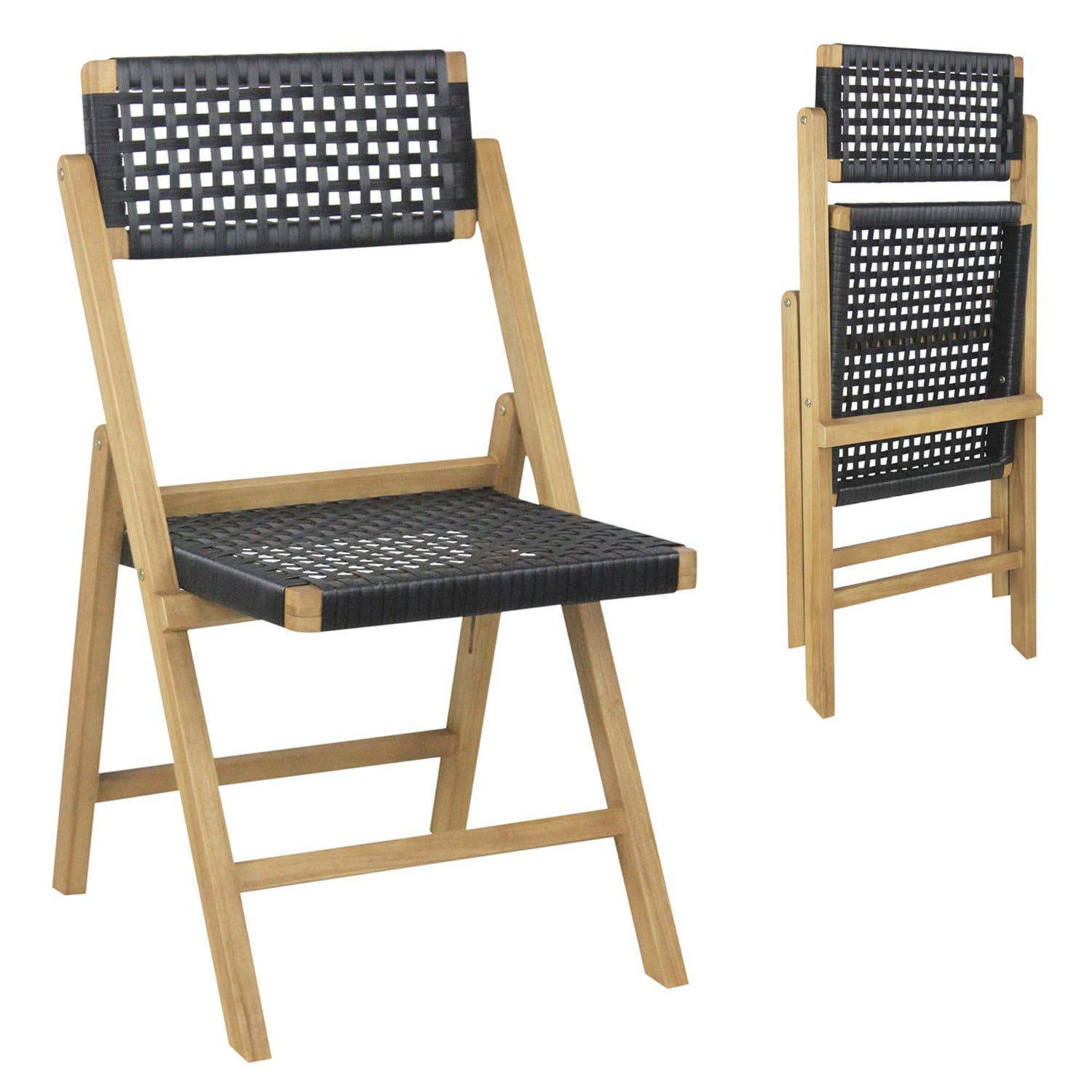 Costway 2 Piece Patio Folding Chairs with Woven Rope Seat and High Back Indonesia Teak Wood for Porch Natural and Black one_size | CSHY003609