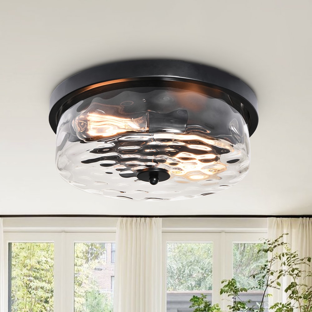 Zicbol 13-in Matte Black Indoor 2 -Light Flush Mount Light with Water Glass