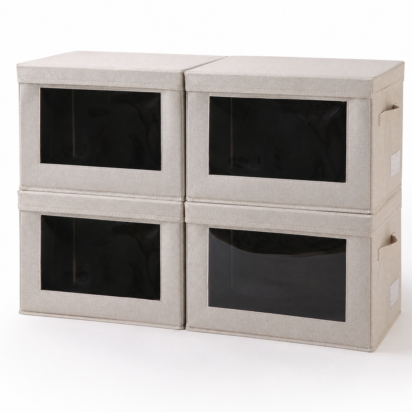 Garvee 4 Pack Fabric Storage Bins with Lids 15x10x10 Inch Foldable Closet Storage Boxes with Clear Window and Handles Collapsible Clothing Organizers for Clothes Blankets Beige