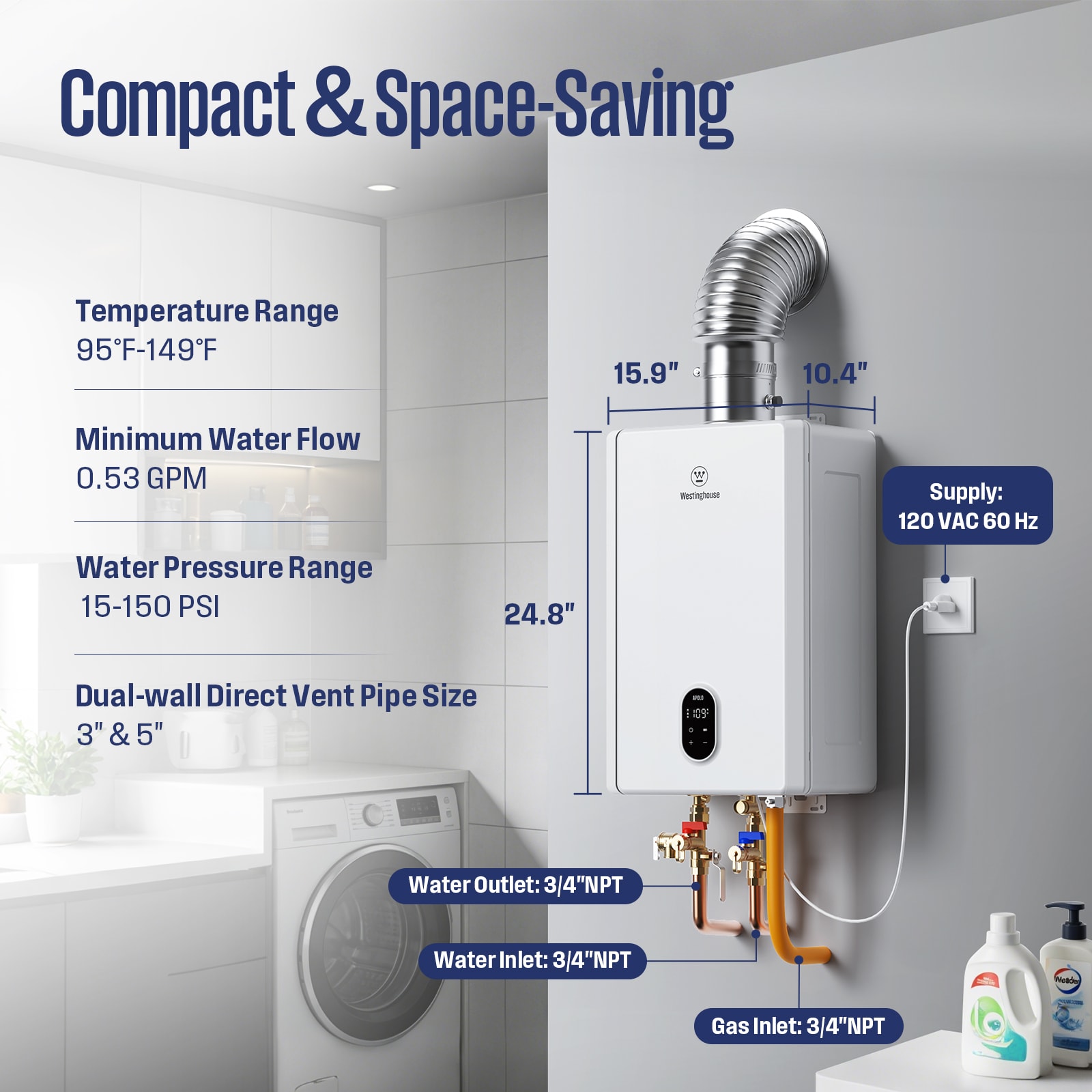 Westinghouse Apolo Non-Condensing WIFI LPG 199,000 BTU Max 10.3 GPM Tankless Water Heater, High Efficiency Propane Gas Instant Hot Water Heater Smart WIFI Control, Indoor, 120V, CSA Certified, White Sansujyuku sansujyuku.com