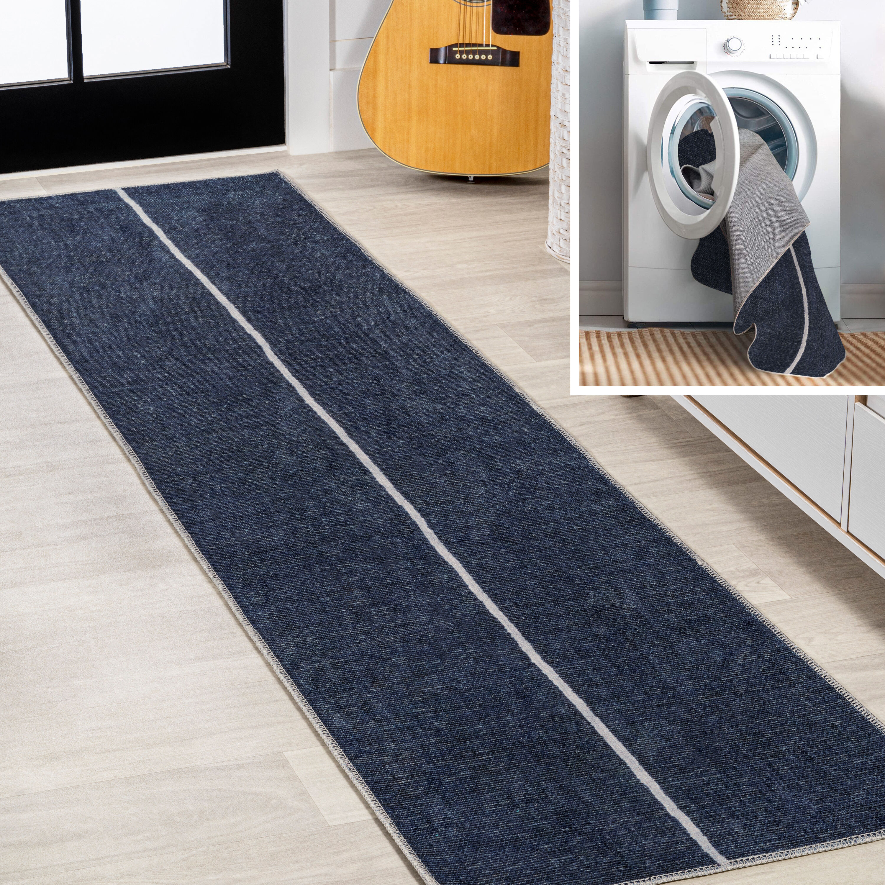JONATHAN  Y WSH117A-28 WASHABLE Linja Solid Centre Stripe 2 x 8 (ft) Loomed Polypropylene Navy/Ivory Rectangular Indoor Distressed/Overdyed Farmhouse/Cottage Machine washable Runner rug