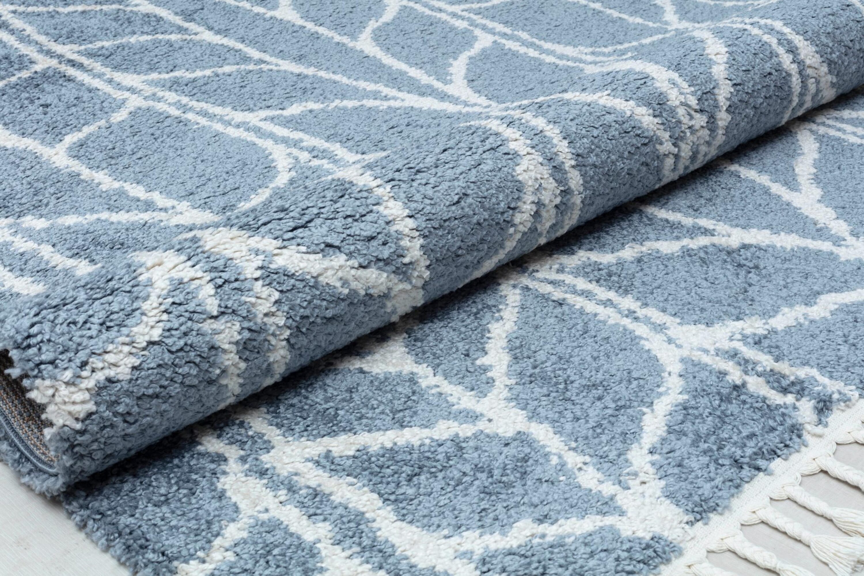 Sky Vine Blue Geometric Braided Area Rug with Tassels
