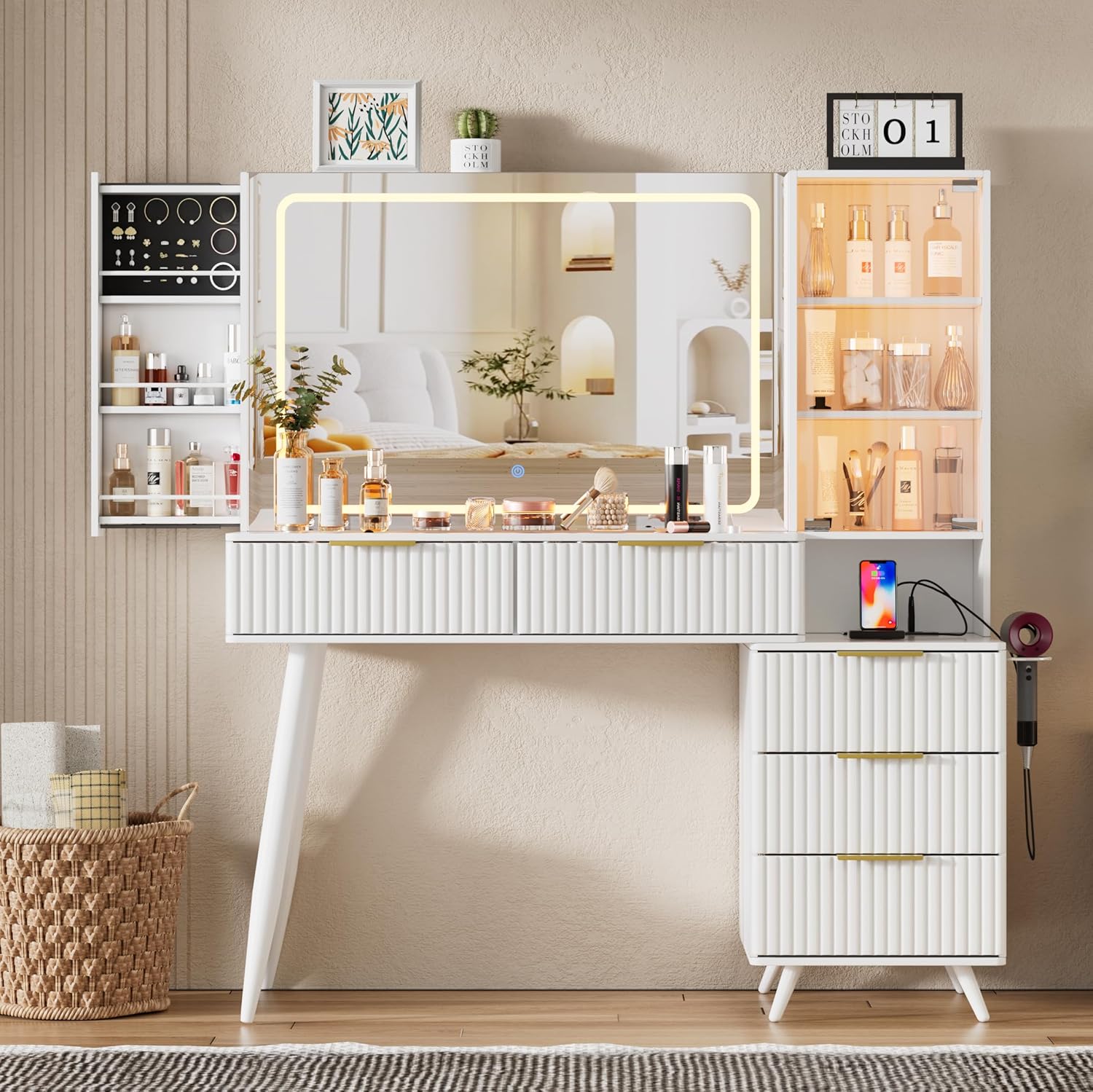 Vynxaria - 54 in Vanity Desk Mirror with Lights 11 Drawers Open Shelves Cushioned Stool Br...