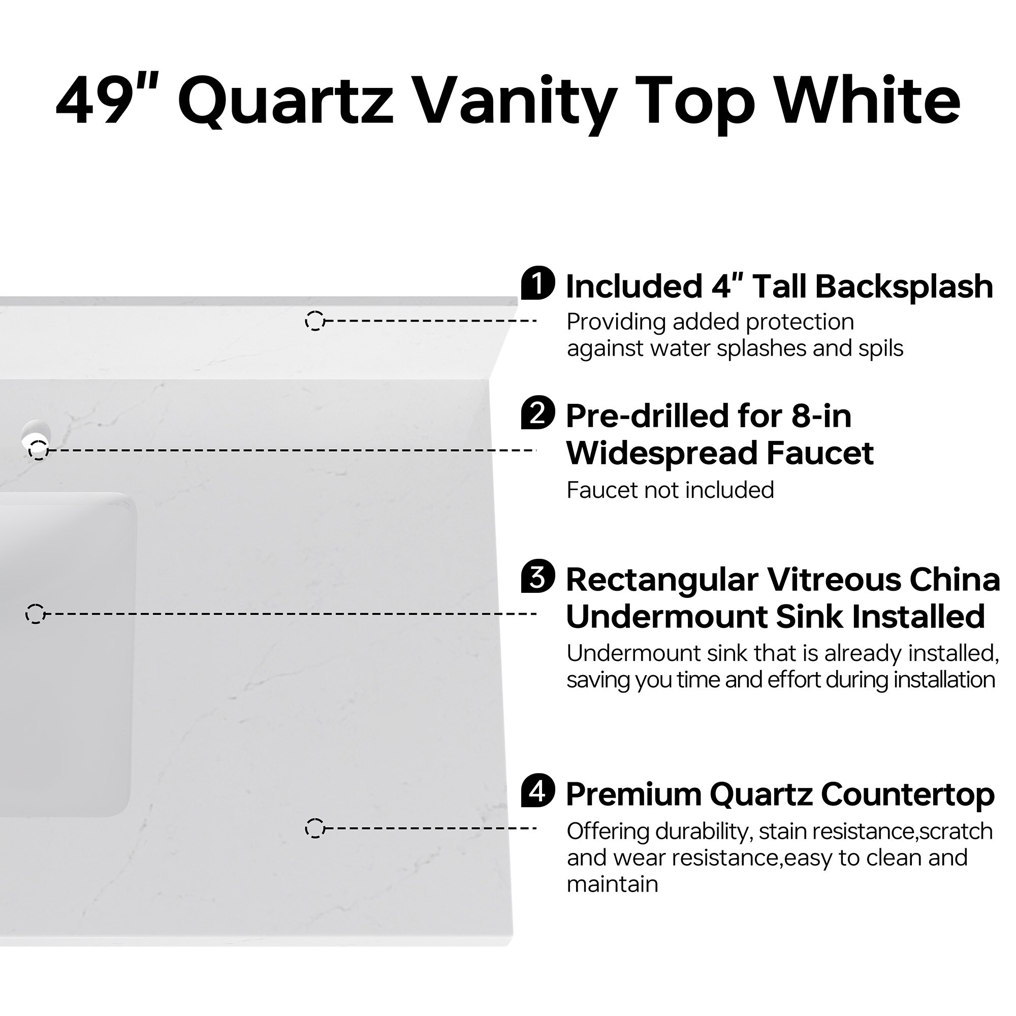 Bianco Bella 49'' White Quartz Undermount Single Sink Vanity Top
