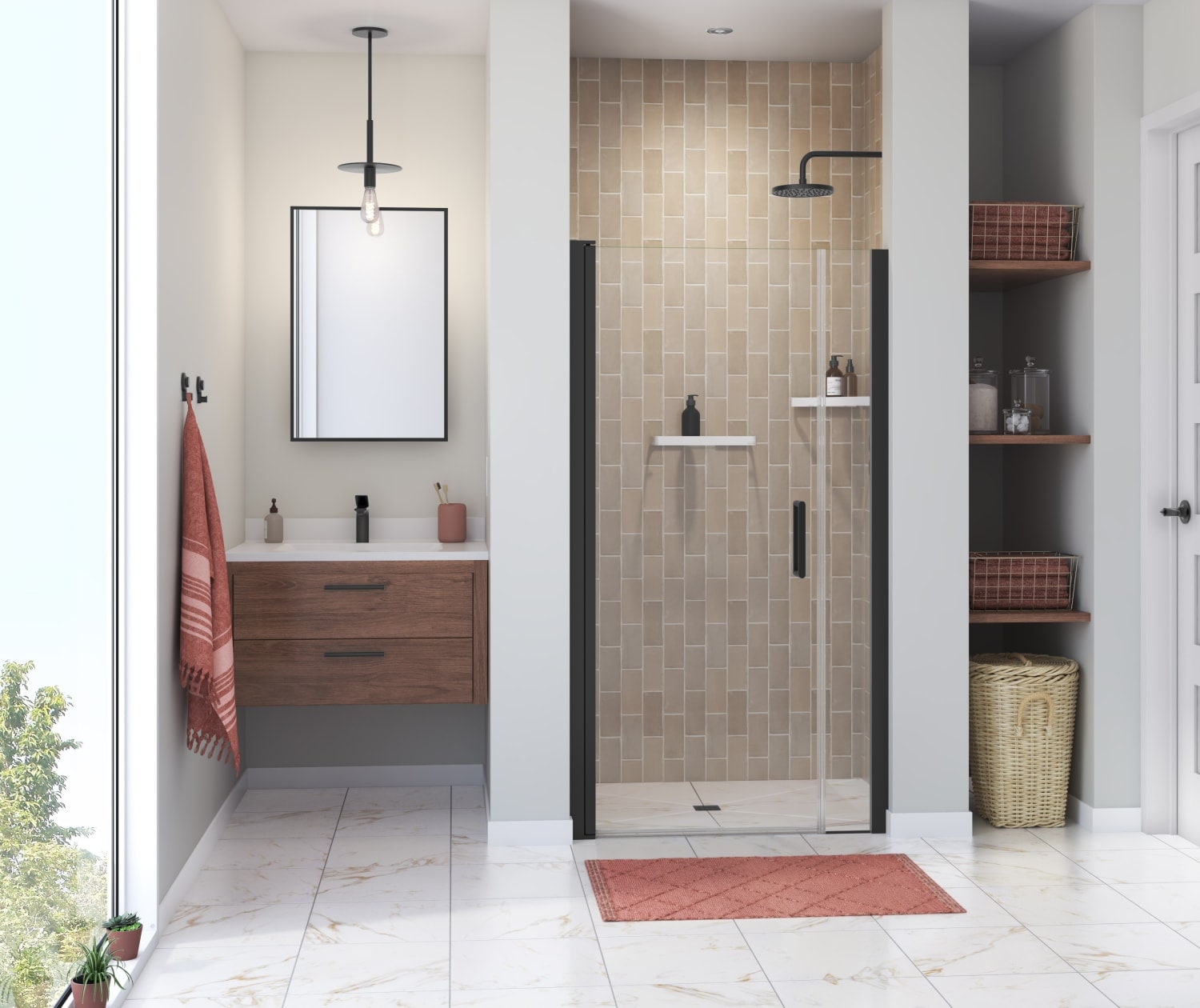 MAAX 138268-900-340-100 Manhattan Matte Black 39-in to 41-in W x 68-in H Frameless Pivot Shower Door 1/4-in Thick Clear Glass