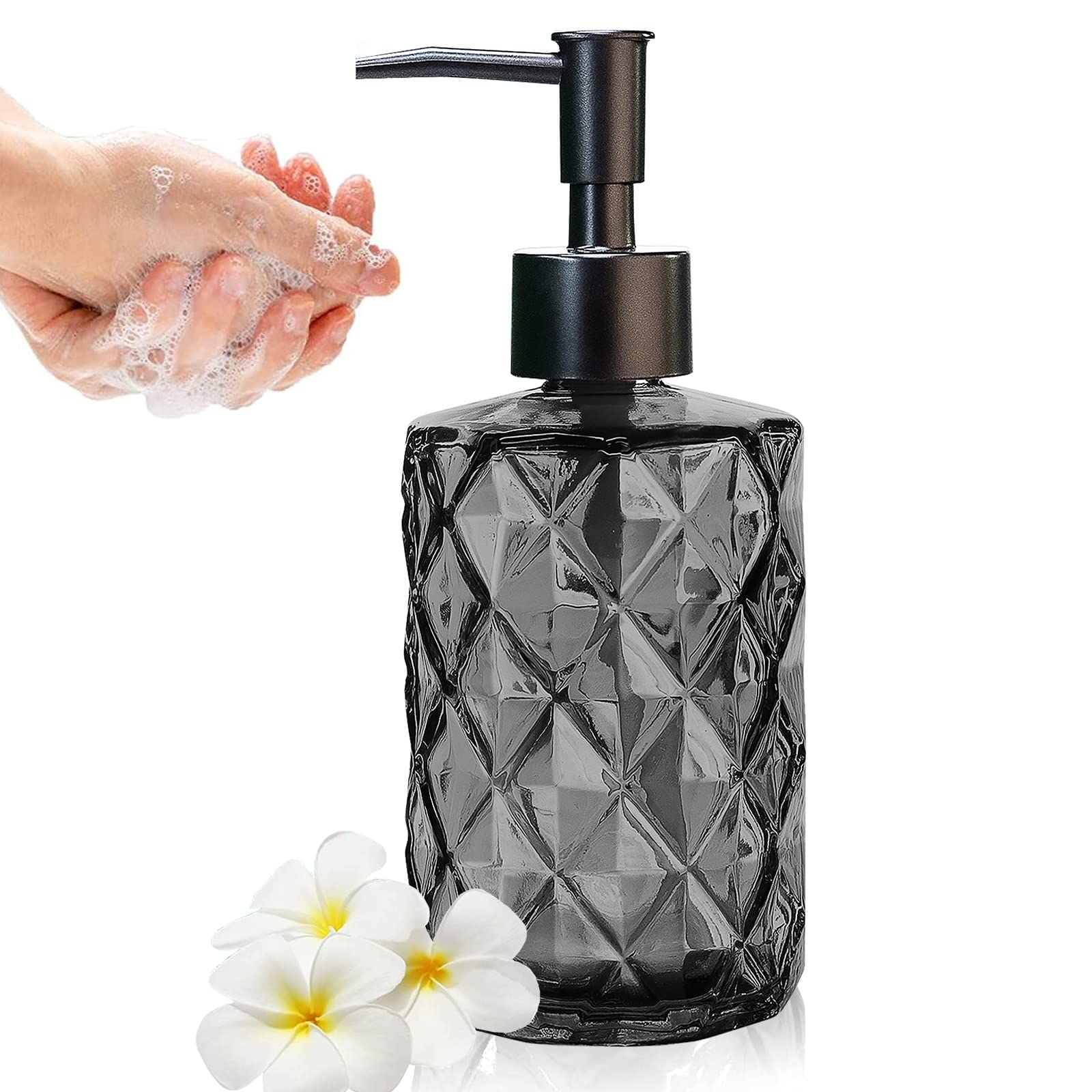 Phyfalip  Glass Soap Dispenser with Plastic Pump 11 Ounce Refillable Bottle for Bathroom Kitchen Countertop Lotion Dishwashing Liquid Shampoo