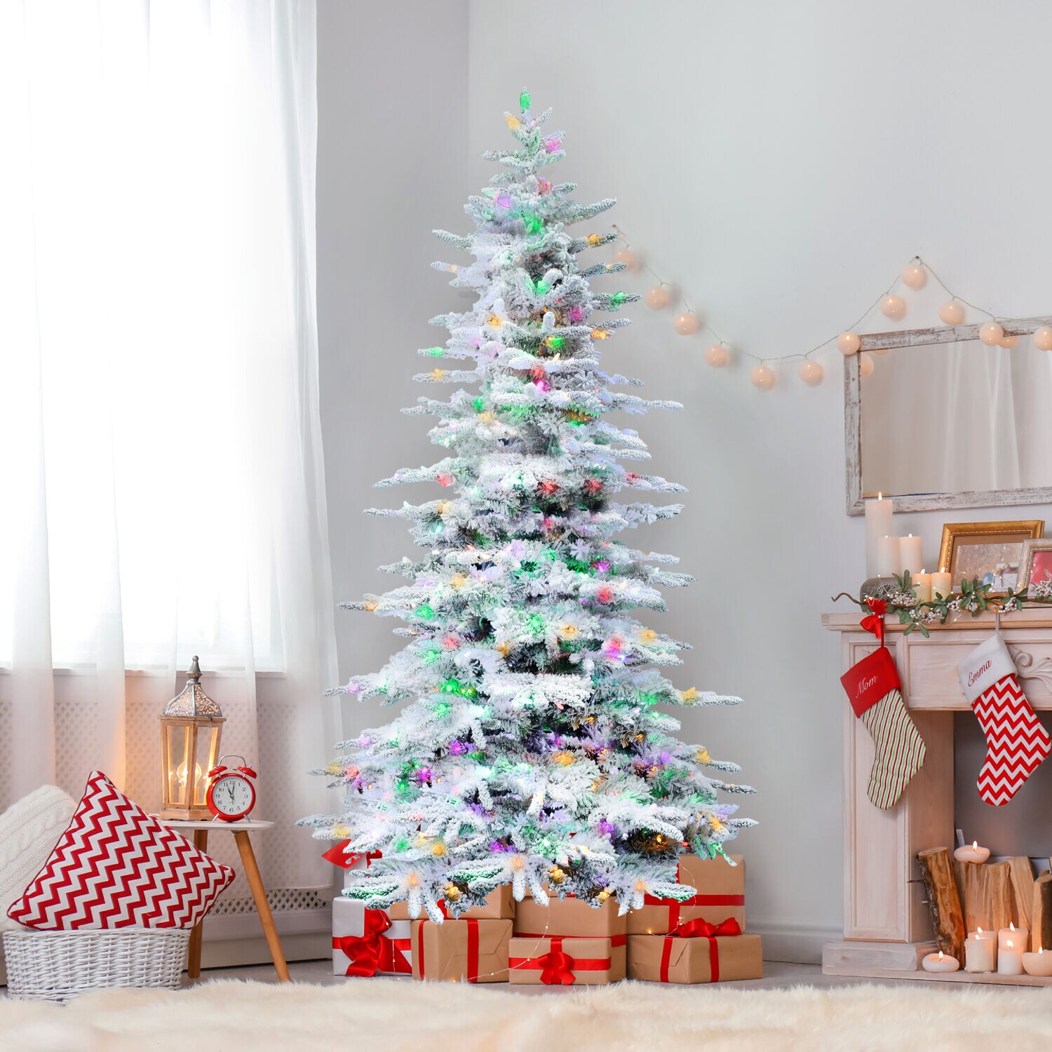 7.5-Ft Flocked Pine Artificial Christmas Tree with Multicolor LED Lights