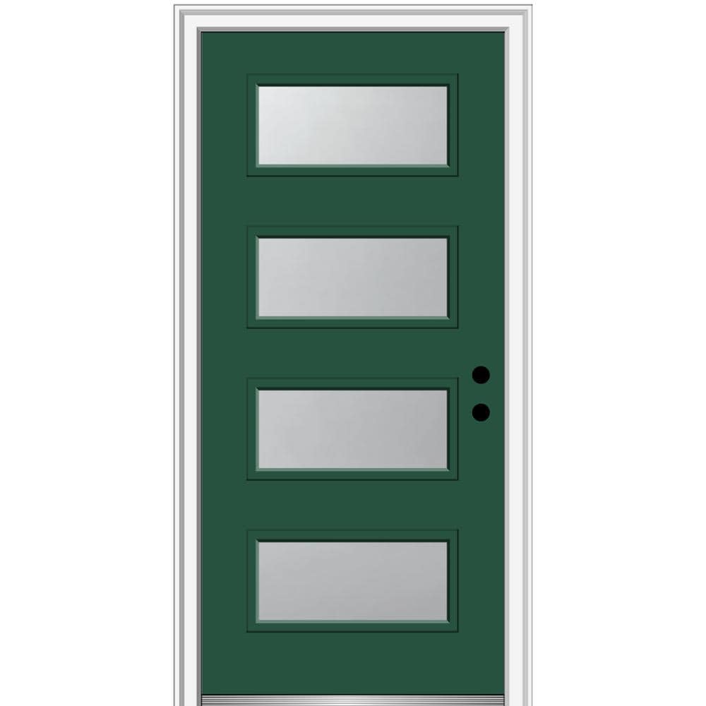 MMI DOOR ZZ346990L Spotlights 36-in x 80-in x 4-9/16-in Fiberglass Pulse lite Left-hand inswing Hunter Green Painted Prehung Front Door with Brickmould Insulating core