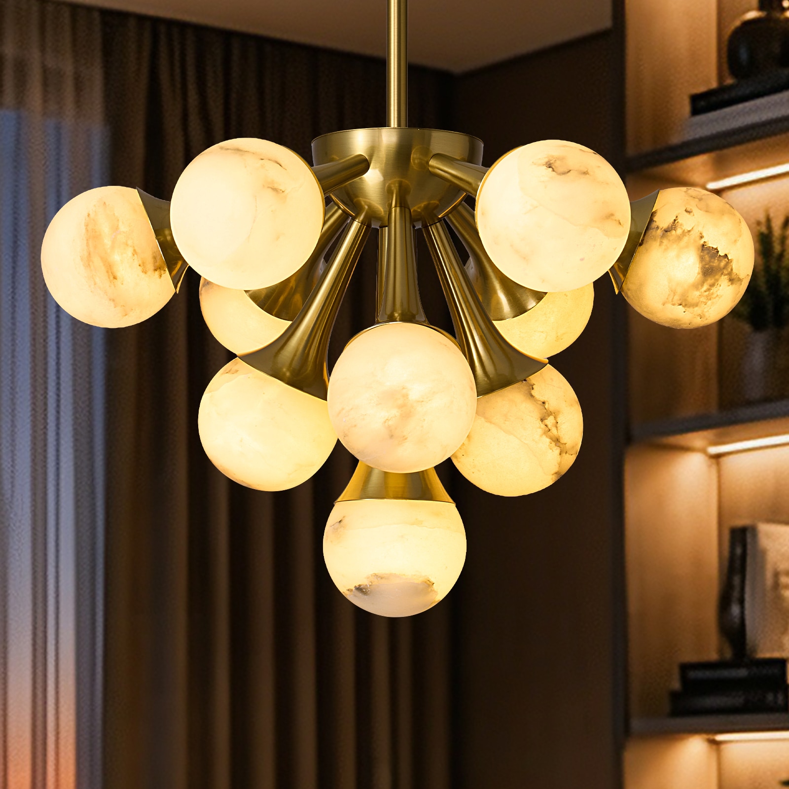 SILJOY 22-In Gold Natural Alabaster Globe Chandelier Modern Molecular Sputnik Pendant Light 10 Light G9 Bulb Adjustable Height Ceiling Fixture for Bedroom Living Room Dining Room Foyer Entryway