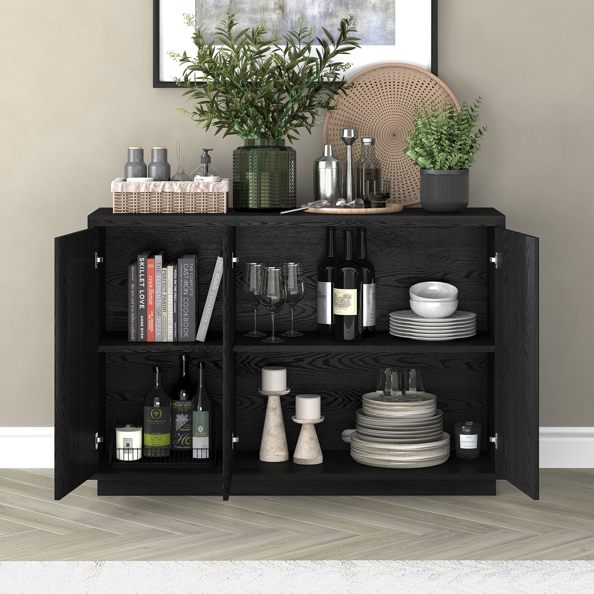 Black Grain MDF Modern Buffet Sideboard with Adjustable Shelves