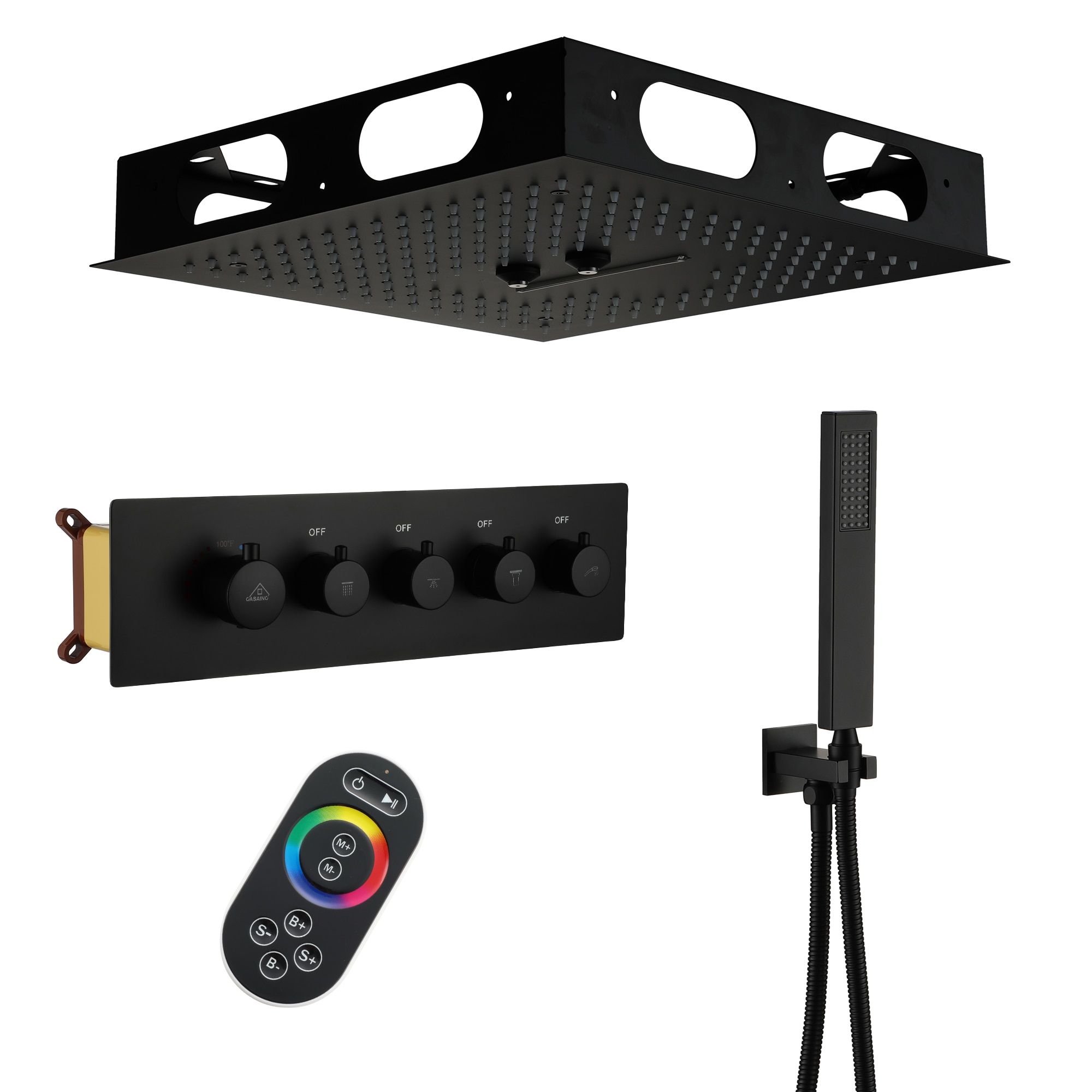 CASAINC CS6837-16MB Matte Black 16-in Waterfall Built-In Shower Faucet System with 3-way Diverter ( Thermostatic Valve Included )